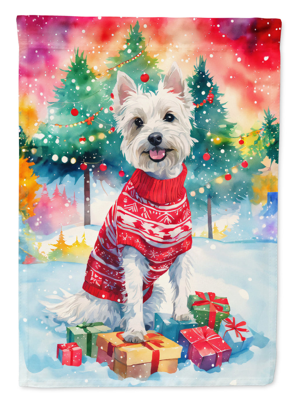 Westie Christmas House Flag 28x40 Porch Sleeve Pole Decorative Outside Yard Banner Artwork Wall Hanging, Polyester