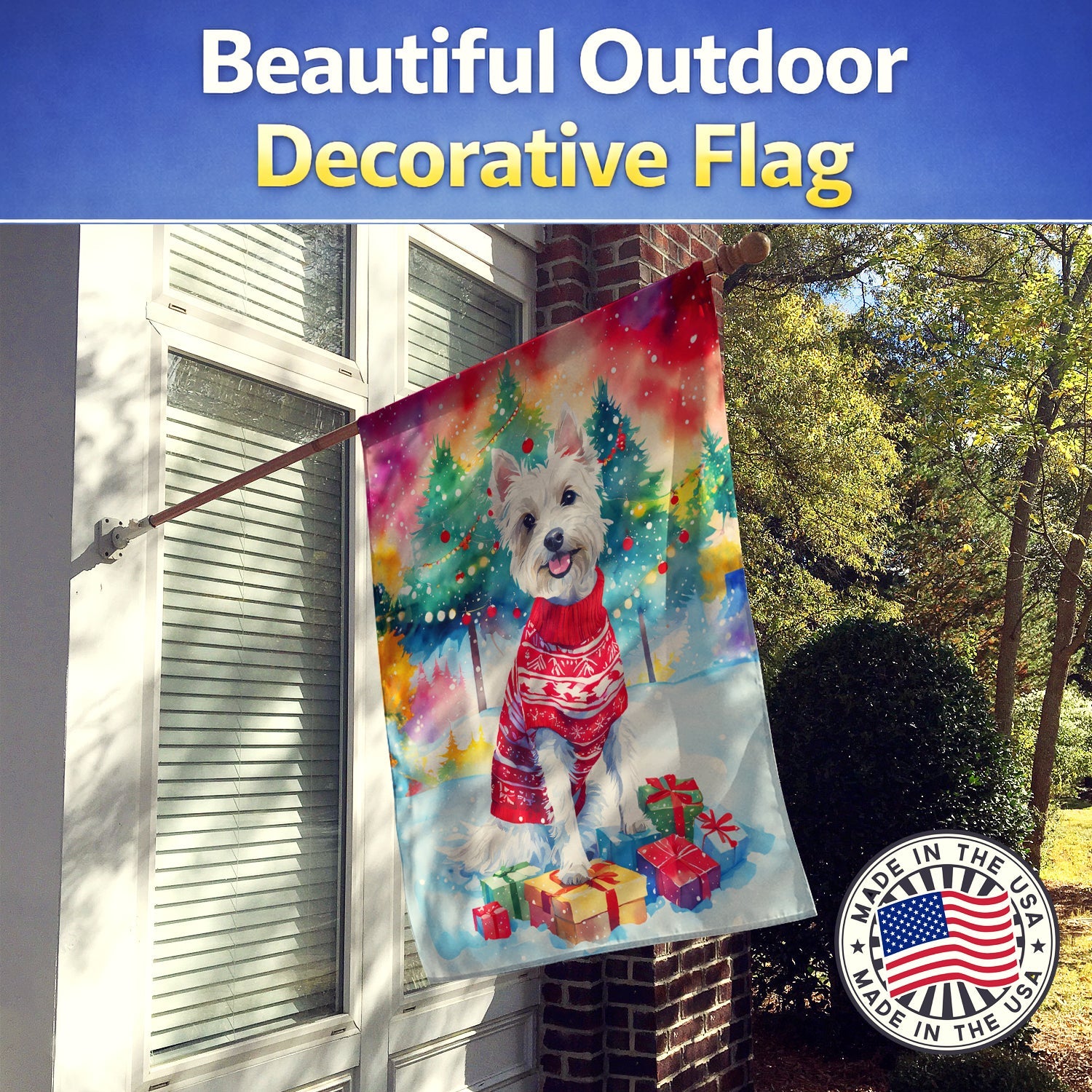 Westie Christmas House Flag 28x40 Porch Sleeve Pole Decorative Outside Yard Banner Artwork Wall Hanging, Polyester