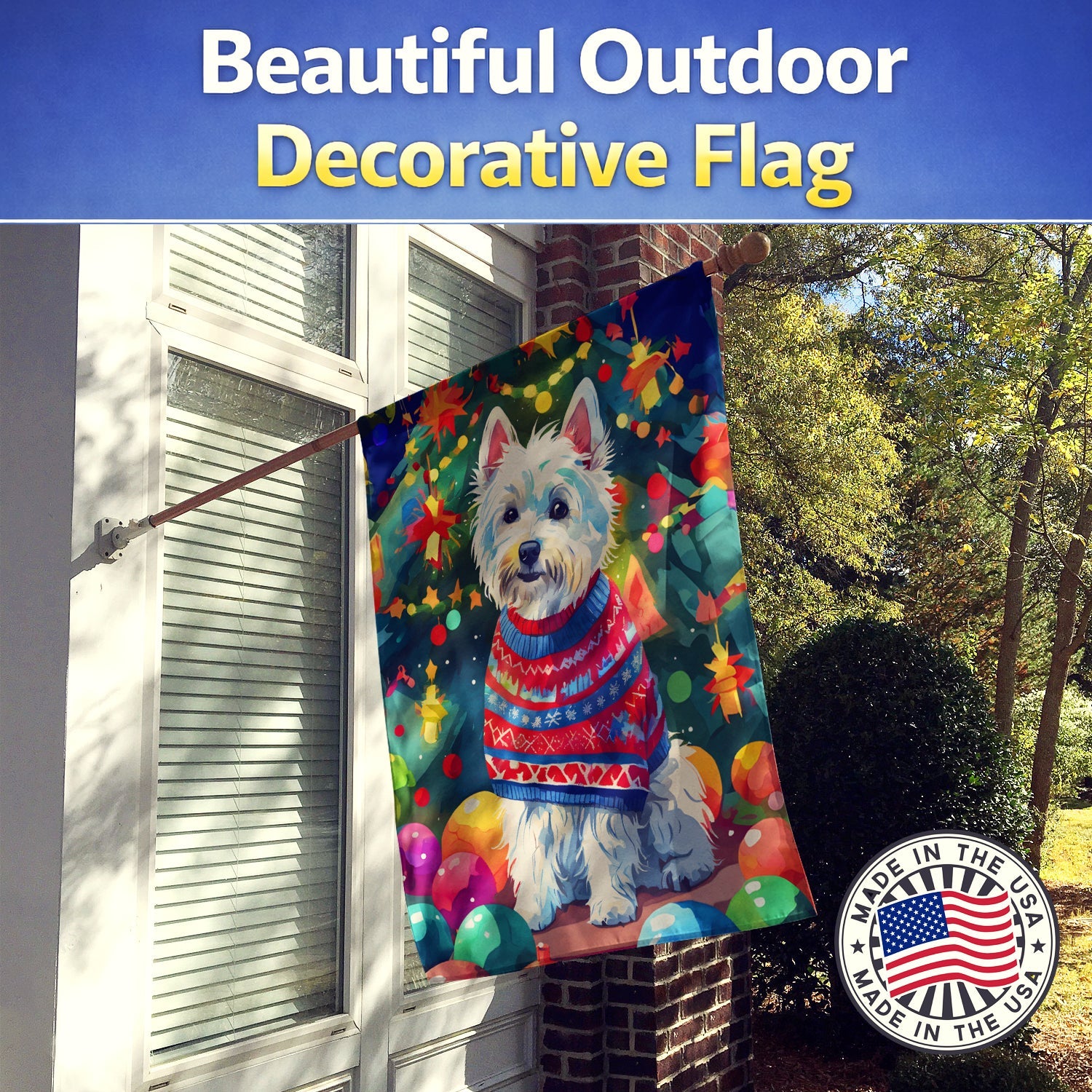 Westie Christmas House Flag 28x40 Porch Sleeve Pole Decorative Outside Yard Banner Artwork Wall Hanging, Polyester