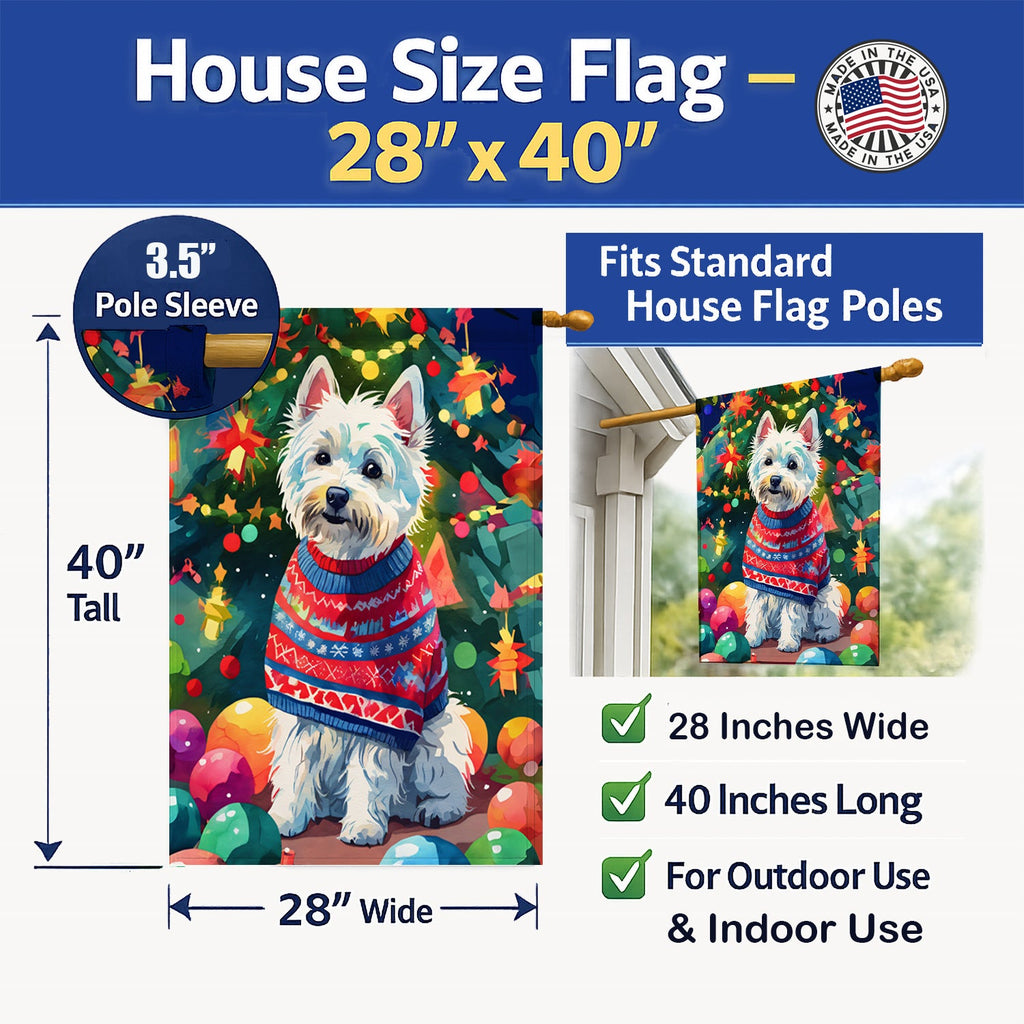 Westie Christmas House Flag 28x40 Porch Sleeve Pole Decorative Outside Yard Banner Artwork Wall Hanging, Polyester