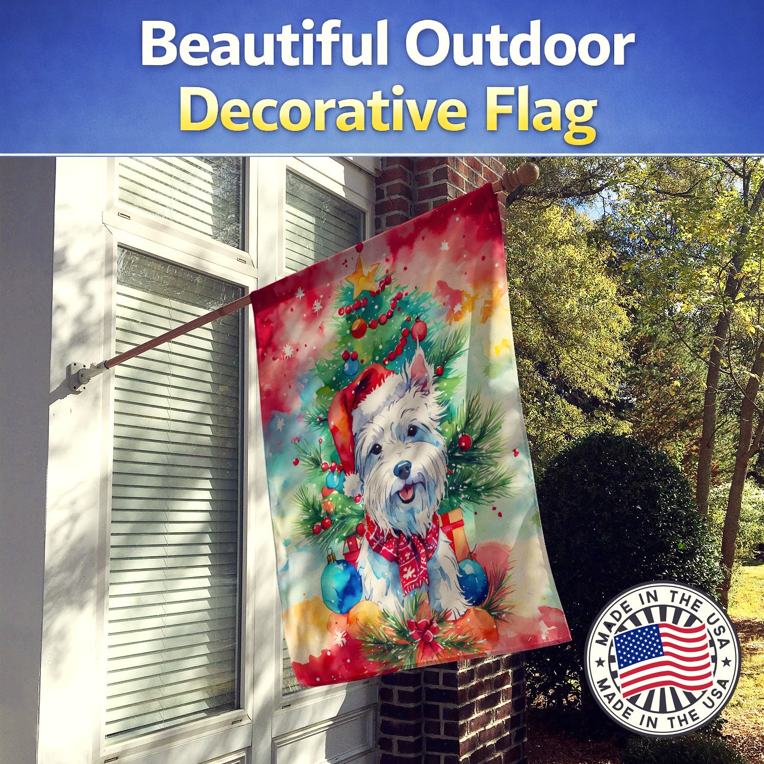 Westie Christmas House Flag 28x40 Porch Sleeve Pole Decorative Outside Yard Banner Artwork Wall Hanging, Polyester