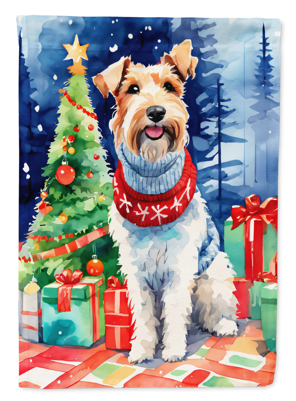 Wire Fox Terrier Christmas House Flag 28x40 Porch Sleeve Pole Decorative Outside Yard Banner Artwork Wall Hanging, Polyester