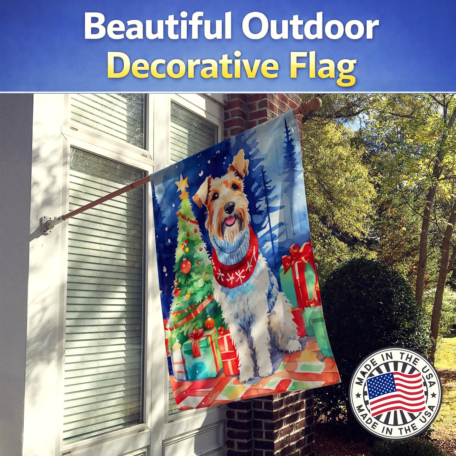 Wire Fox Terrier Christmas House Flag 28x40 Porch Sleeve Pole Decorative Outside Yard Banner Artwork Wall Hanging, Polyester