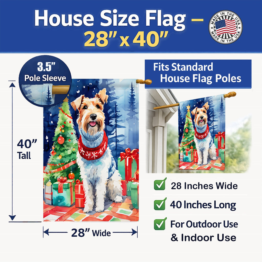 Wire Fox Terrier Christmas House Flag 28x40 Porch Sleeve Pole Decorative Outside Yard Banner Artwork Wall Hanging, Polyester