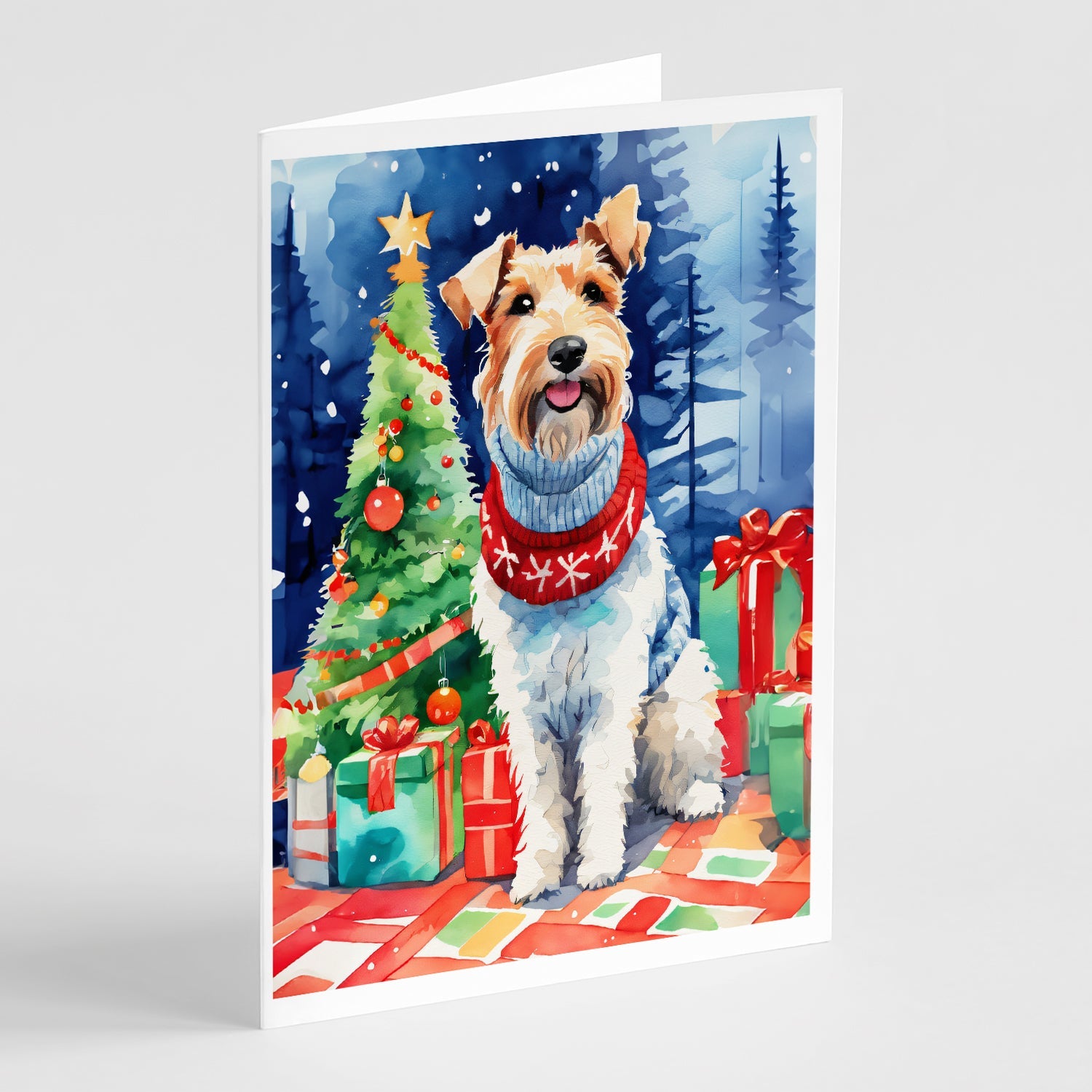 Wire Fox Terrier Christmas Greeting Cards Pack of 8 Blank Cards with Envelopes Whimsical A7 Size 5x7