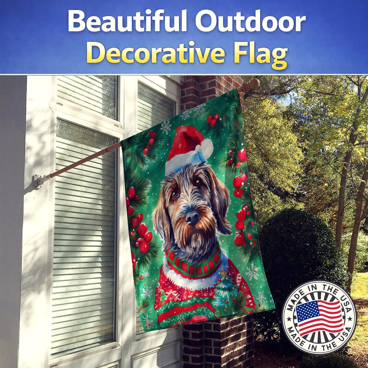 Wirehaired Pointing Griffon Christmas House Flag 28x40 Porch Sleeve Pole Decorative Outside Yard Banner Artwork Wall Hanging, Polyester
