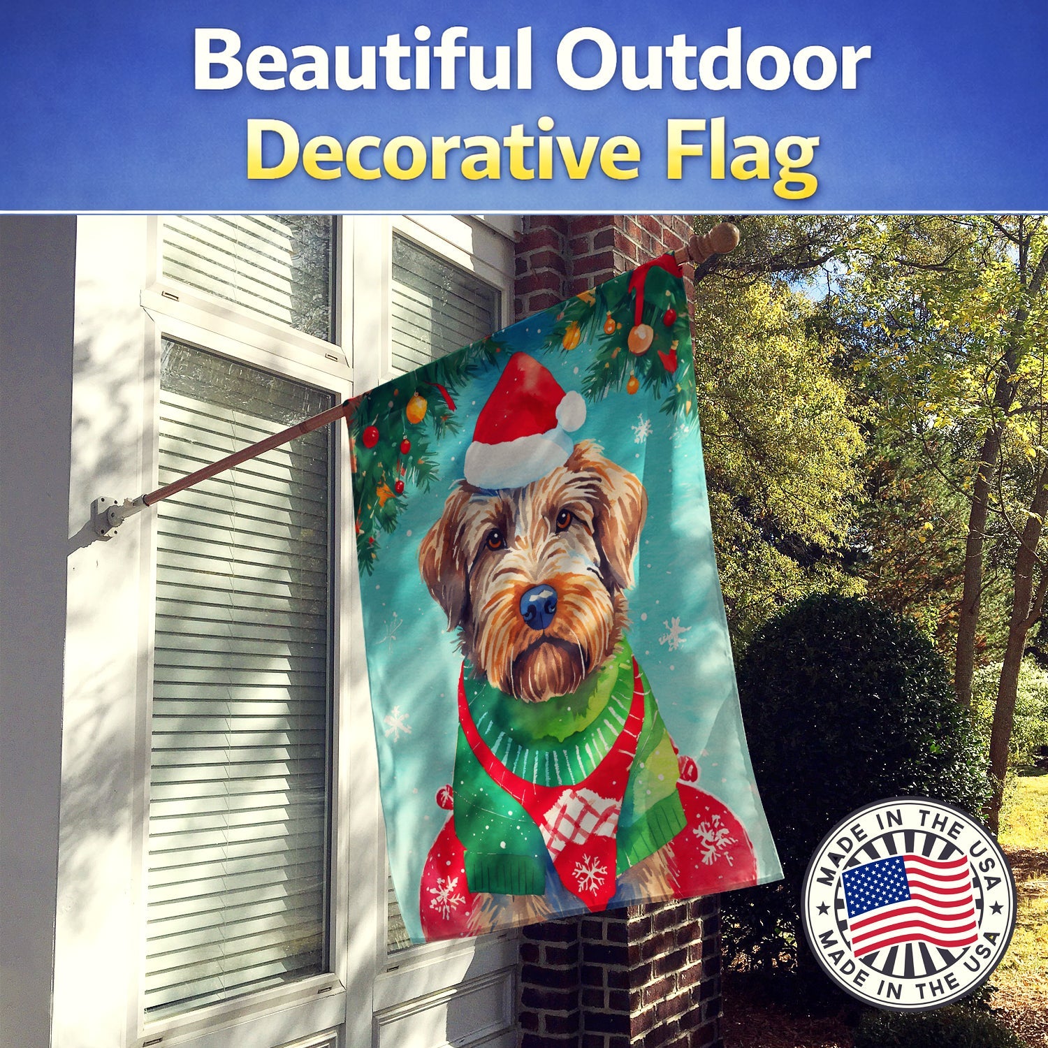 Wirehaired Pointing Griffon Christmas House Flag 28x40 Porch Sleeve Pole Decorative Outside Yard Banner Artwork Wall Hanging, Polyester