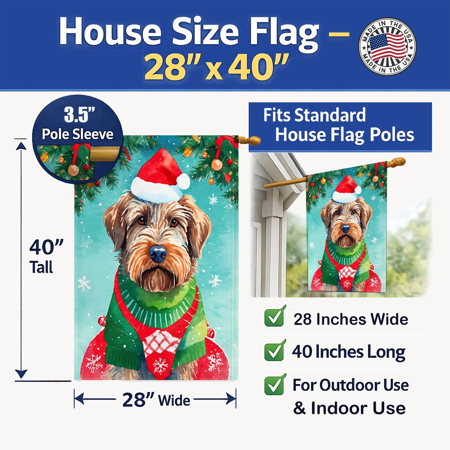 Wirehaired Pointing Griffon Christmas House Flag 28x40 Porch Sleeve Pole Decorative Outside Yard Banner Artwork Wall Hanging, Polyester