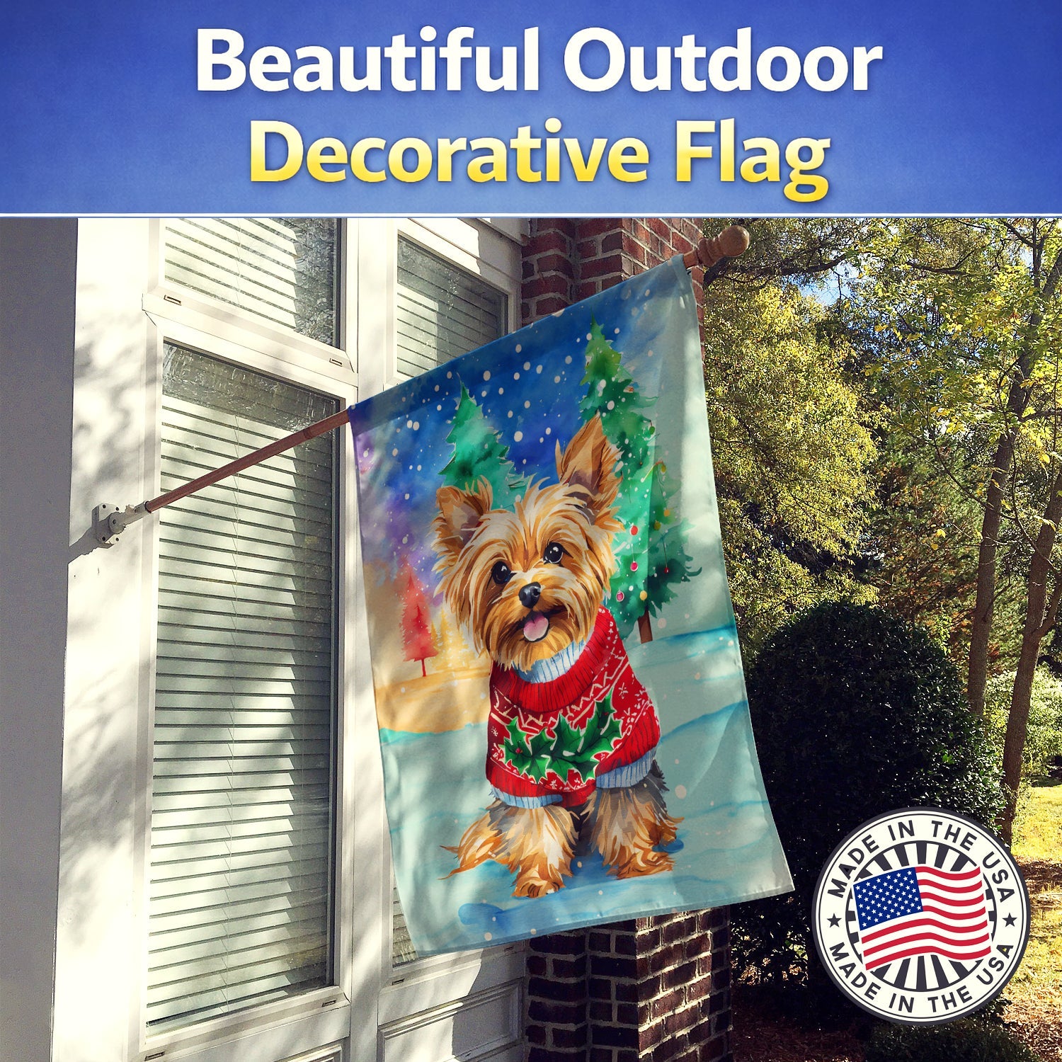 Yorkshire Terrier Yorkie Christmas House Flag 28x40 Porch Sleeve Pole Decorative Outside Yard Banner Artwork Wall Hanging, Polyester