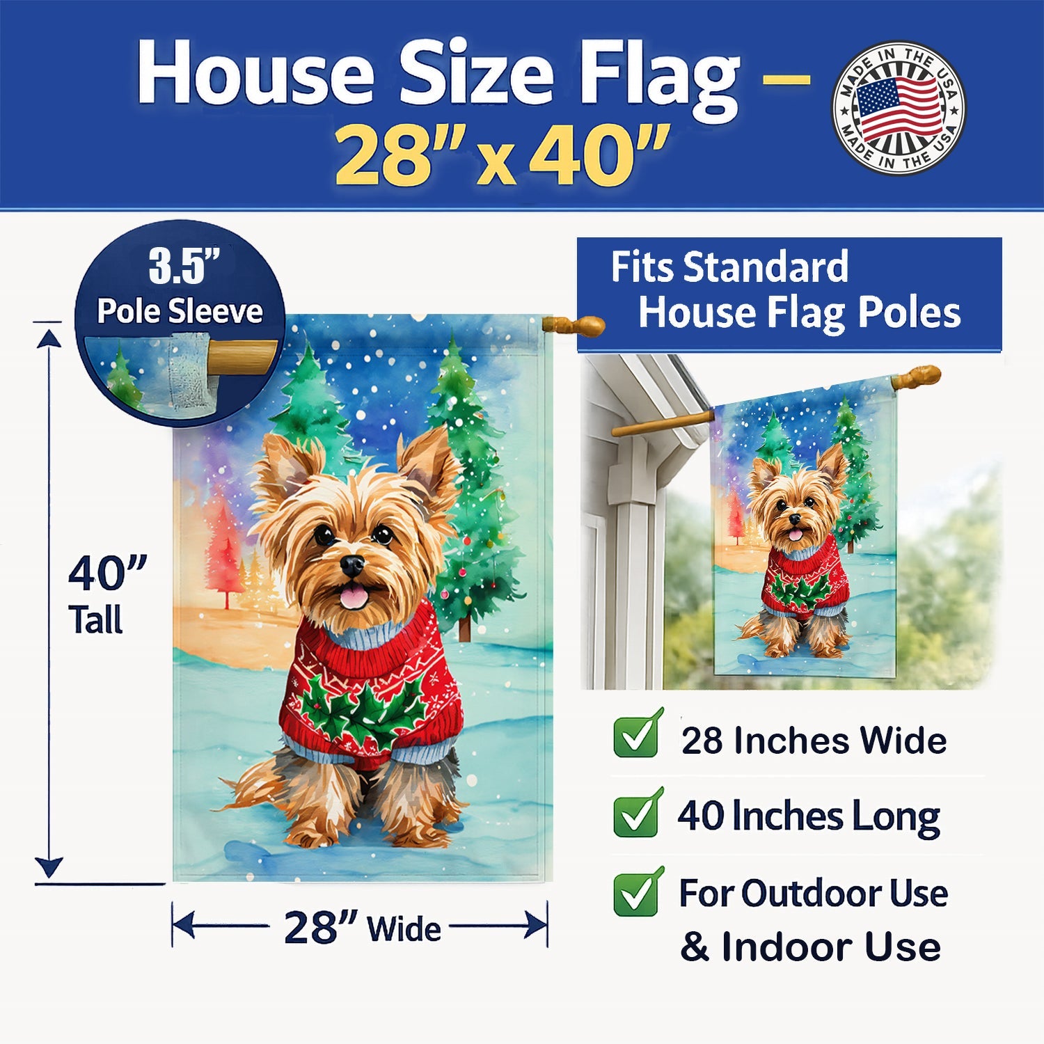 Yorkshire Terrier Yorkie Christmas House Flag 28x40 Porch Sleeve Pole Decorative Outside Yard Banner Artwork Wall Hanging, Polyester