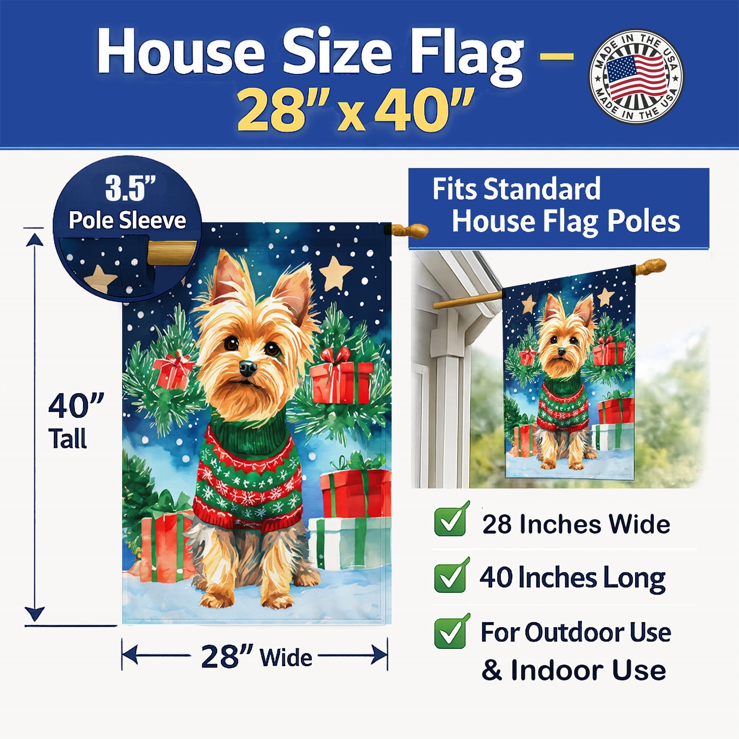 Yorkshire Terrier Yorkie Christmas House Flag 28x40 Porch Sleeve Pole Decorative Outside Yard Banner Artwork Wall Hanging, Polyester