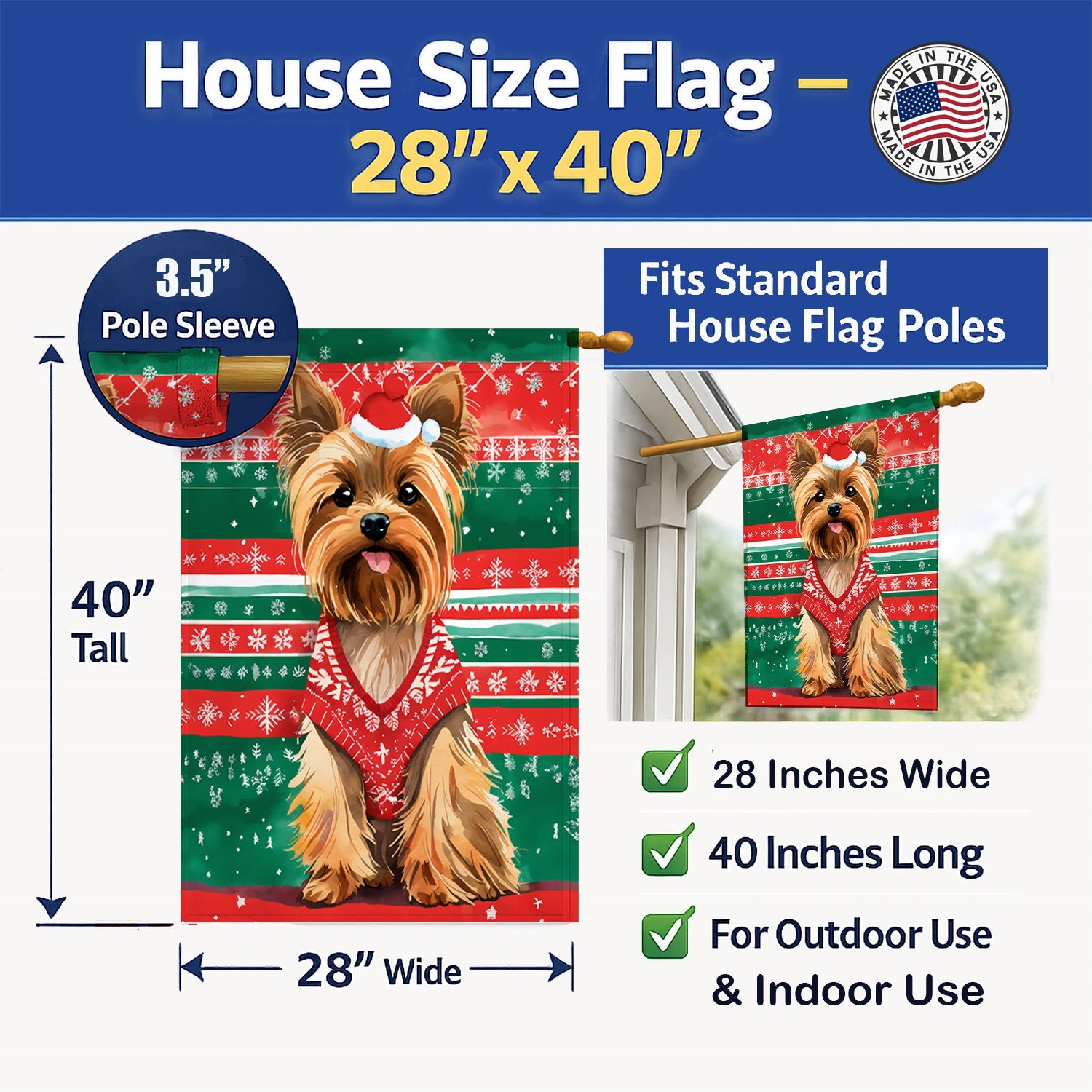 Yorkshire Terrier Yorkie Christmas House Flag 28x40 Porch Sleeve Pole Decorative Outside Yard Banner Artwork Wall Hanging, Polyester