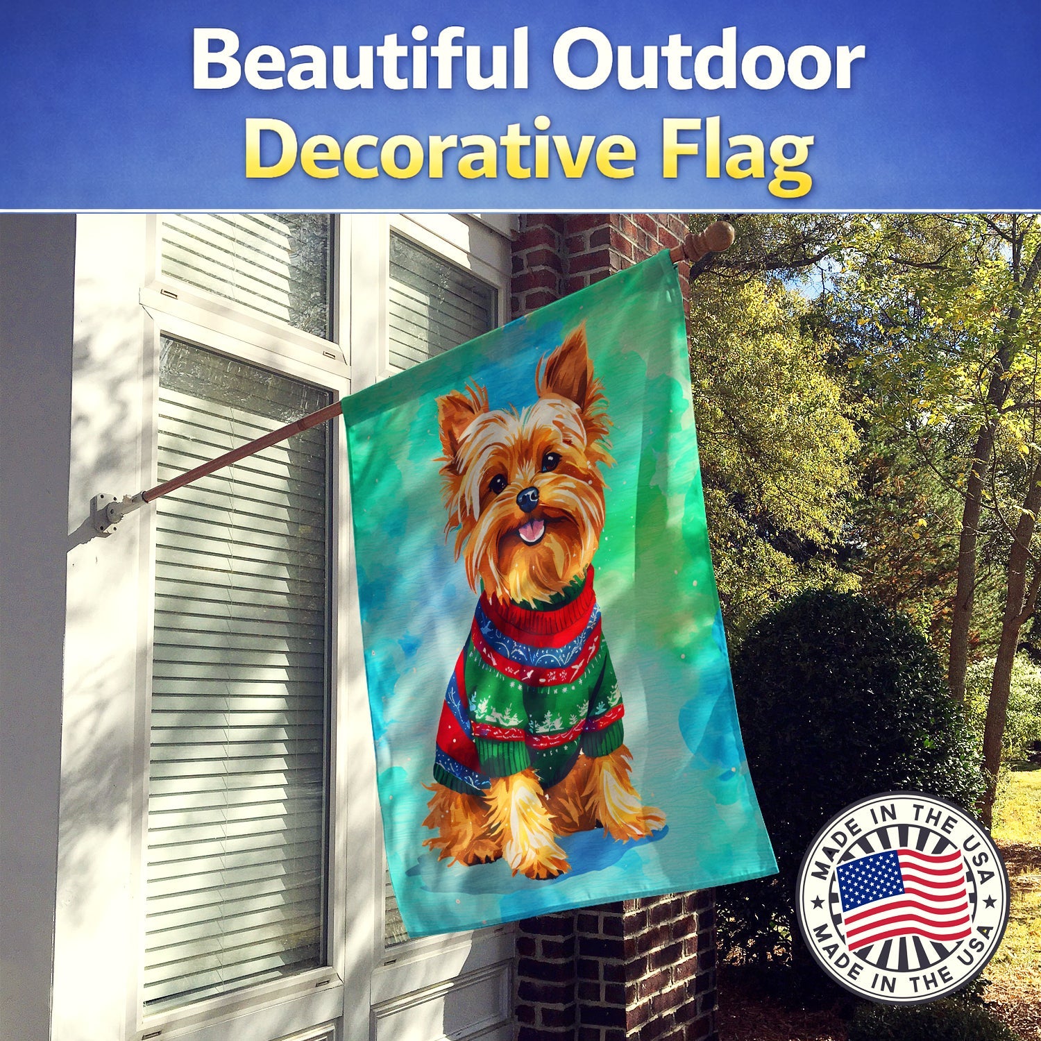 Yorkshire Terrier Yorkie Christmas House Flag 28x40 Porch Sleeve Pole Decorative Outside Yard Banner Artwork Wall Hanging, Polyester