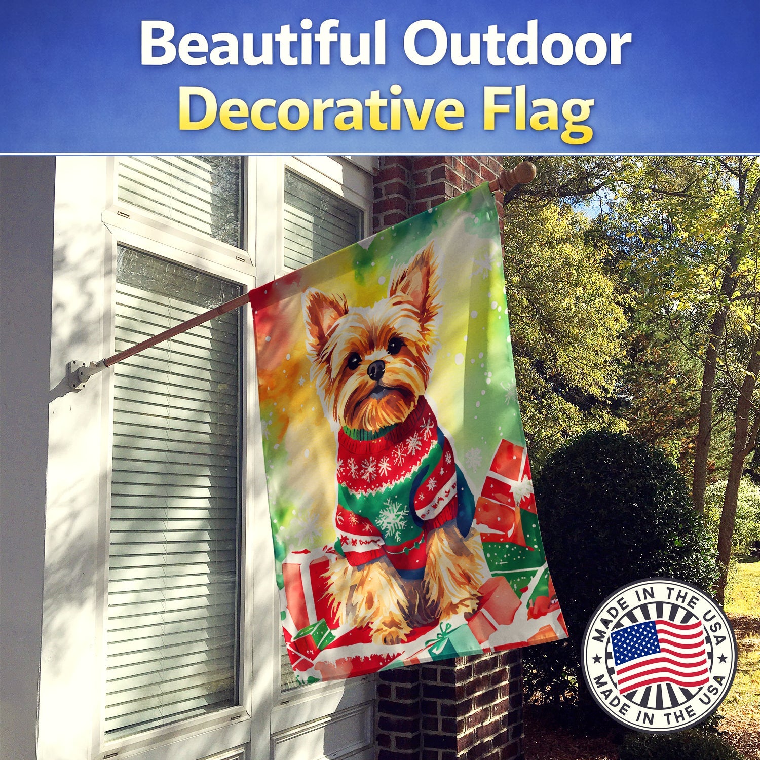 Yorkshire Terrier Yorkie Christmas House Flag 28x40 Porch Sleeve Pole Decorative Outside Yard Banner Artwork Wall Hanging, Polyester