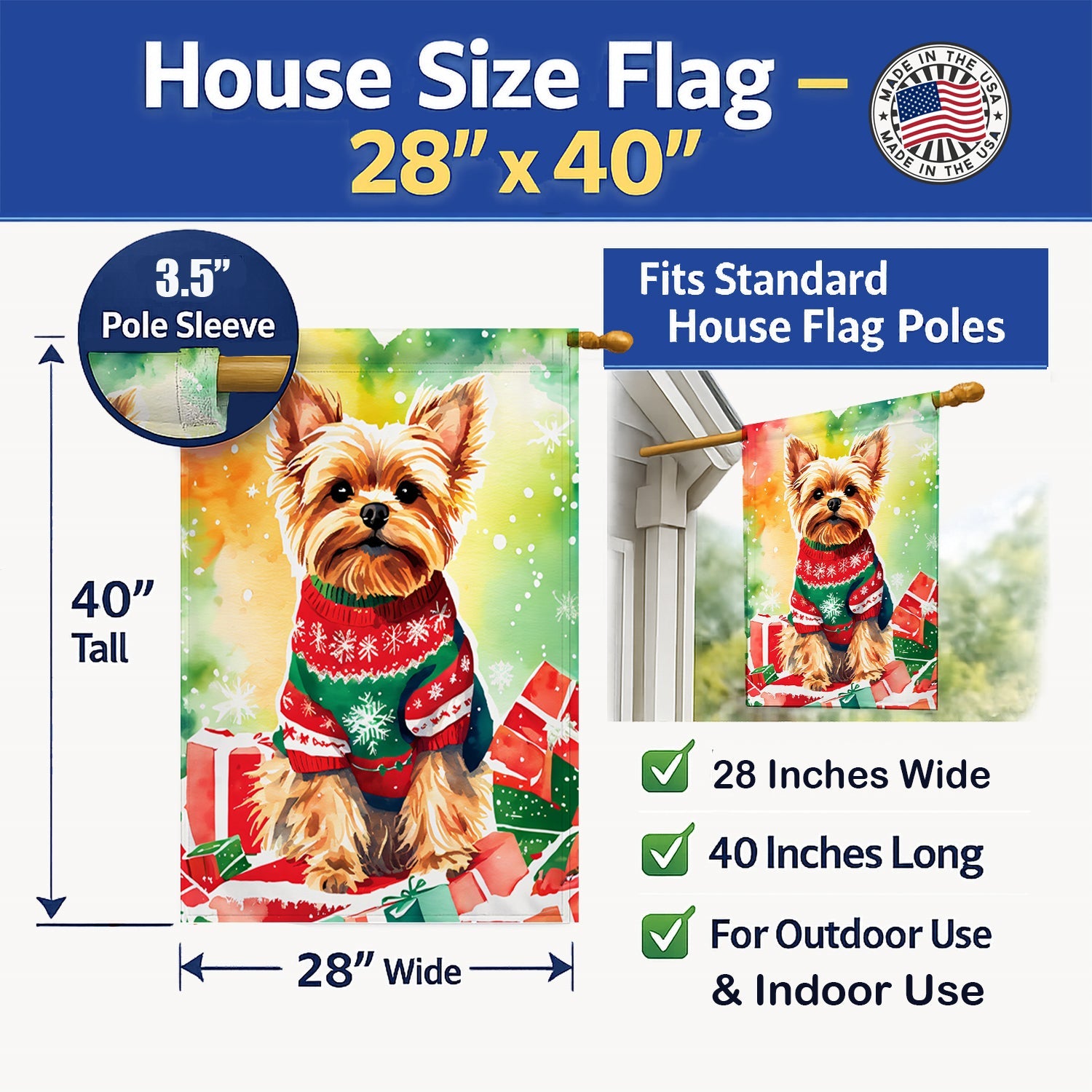 Yorkshire Terrier Yorkie Christmas House Flag 28x40 Porch Sleeve Pole Decorative Outside Yard Banner Artwork Wall Hanging, Polyester