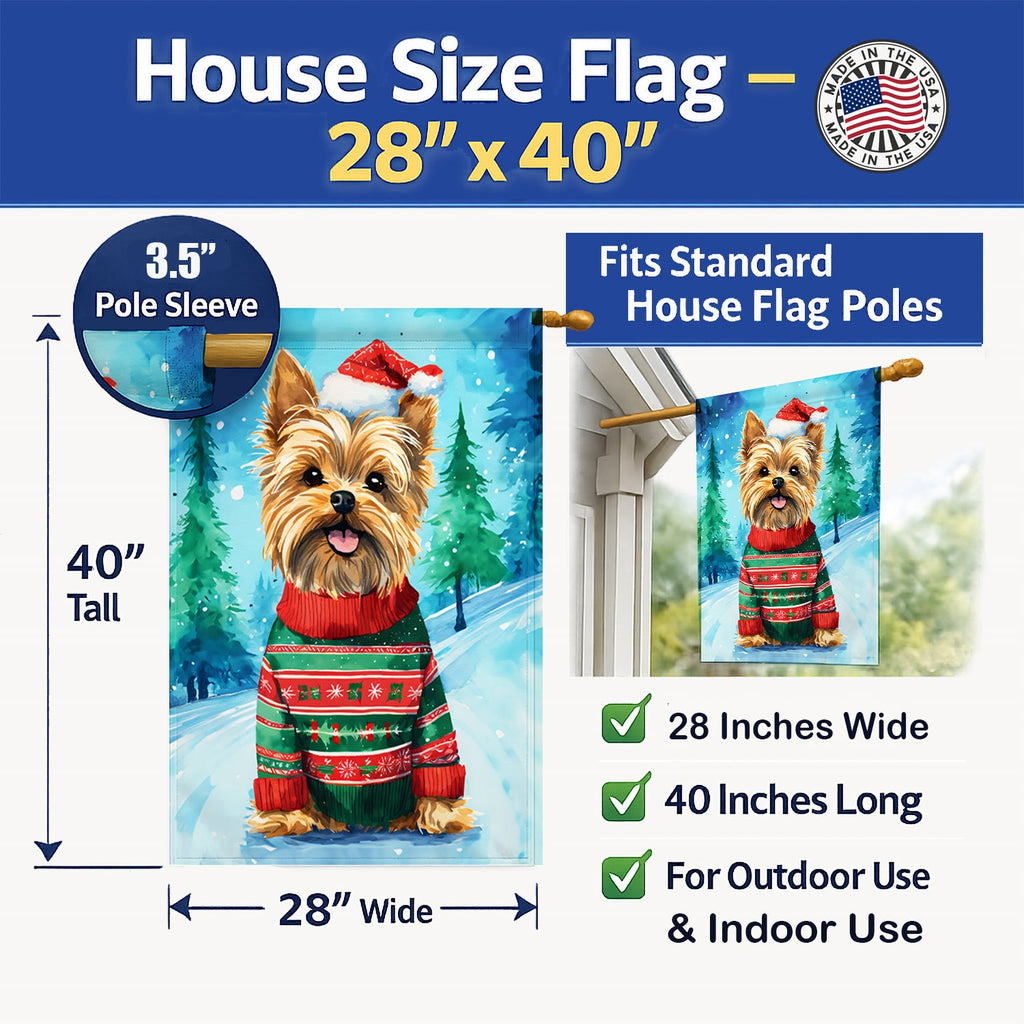Yorkshire Terrier Yorkie Christmas House Flag 28x40 Porch Sleeve Pole Decorative Outside Yard Banner Artwork Wall Hanging, Polyester