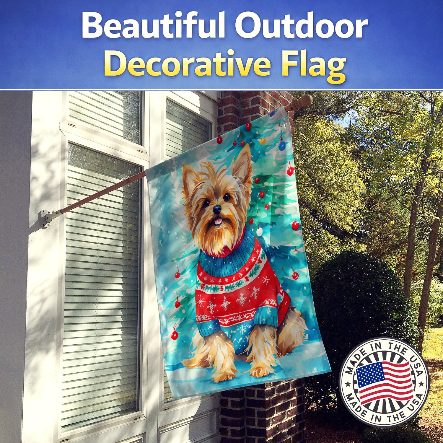 Yorkshire Terrier Yorkie Christmas House Flag 28x40 Porch Sleeve Pole Decorative Outside Yard Banner Artwork Wall Hanging, Polyester