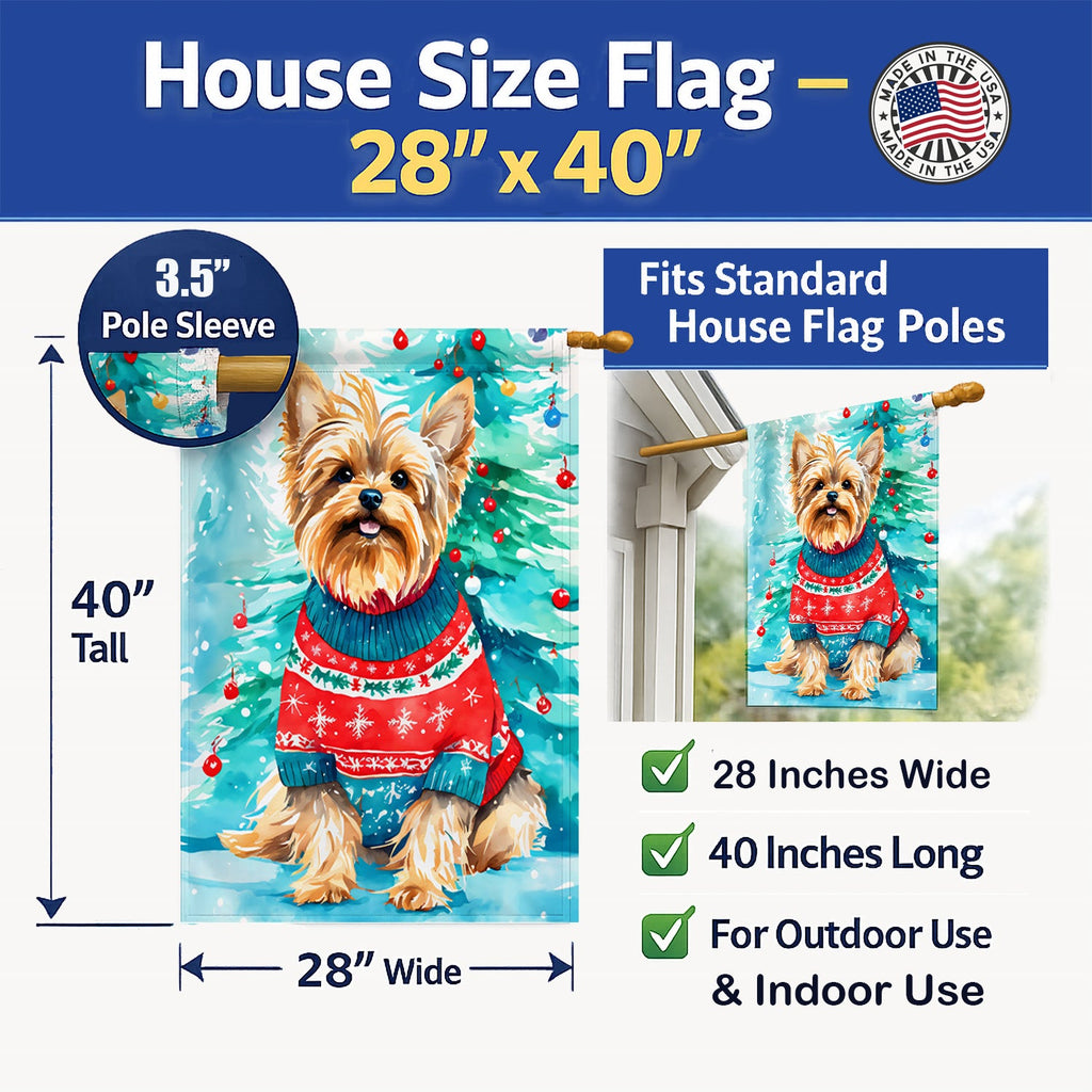 Yorkshire Terrier Yorkie Christmas House Flag 28x40 Porch Sleeve Pole Decorative Outside Yard Banner Artwork Wall Hanging, Polyester
