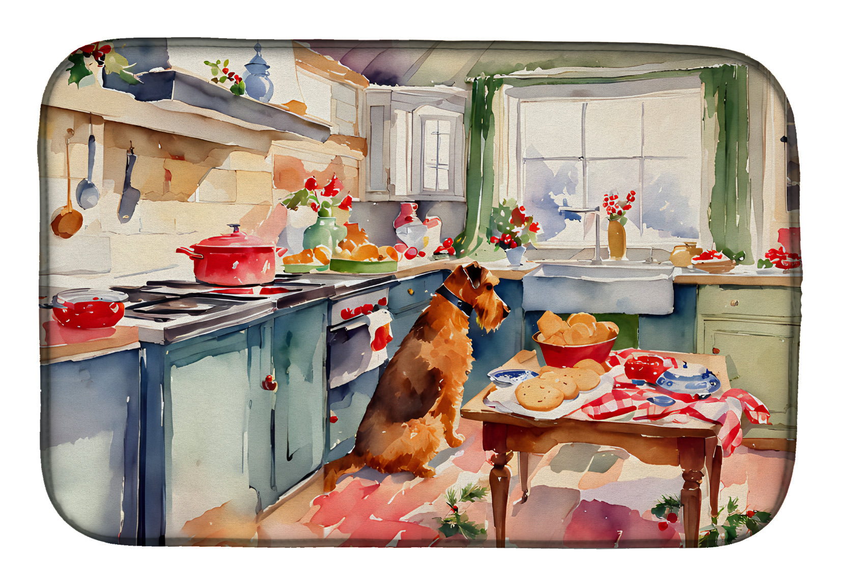 Airedale Terrier Christmas Cookies Dish Drying Mat Absorbent Dish Drying Mat Pad for Kitchen Counter Dish Drainer Mat for Countertop, 14 x 21", Multicolor