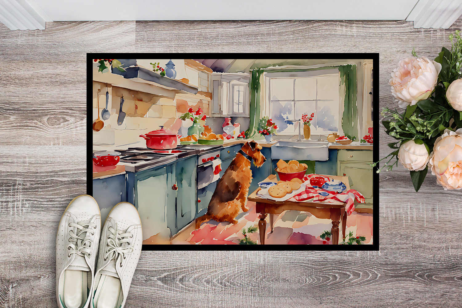 Airedale Terrier Christmas Cookies Doormat Indoor Outdoor 24H X 36W Front Door Mat Rugs for Entryway, Non Slip Washable Low Pile,