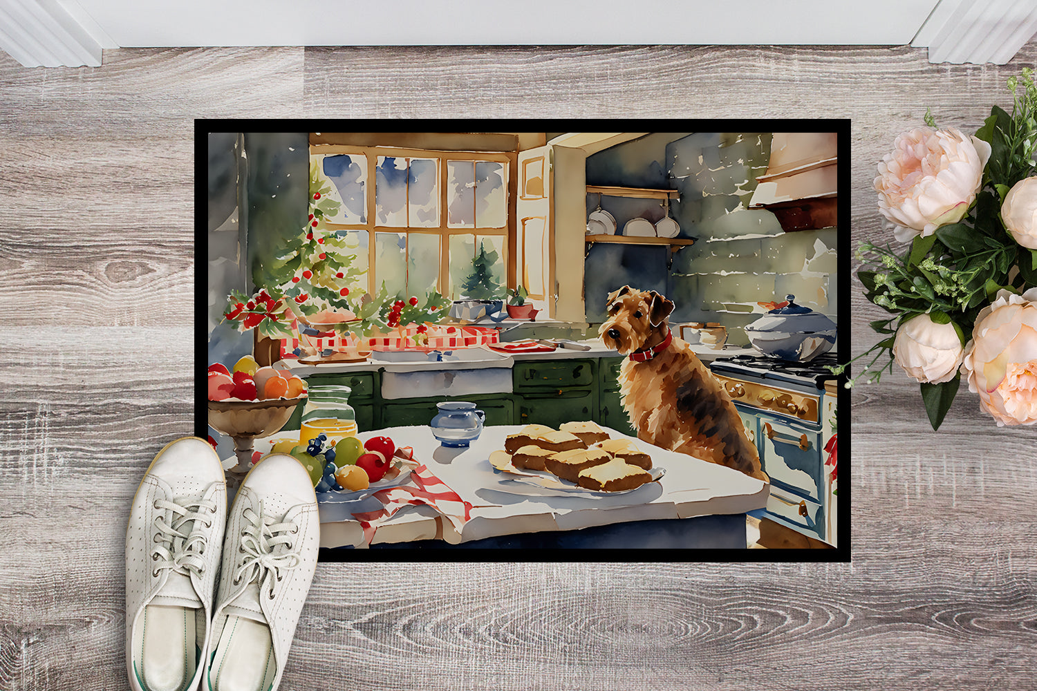 Airedale Terrier Christmas Cookies Doormat Indoor Outdoor 24H X 36W Front Door Mat Rugs for Entryway, Non Slip Washable Low Pile,