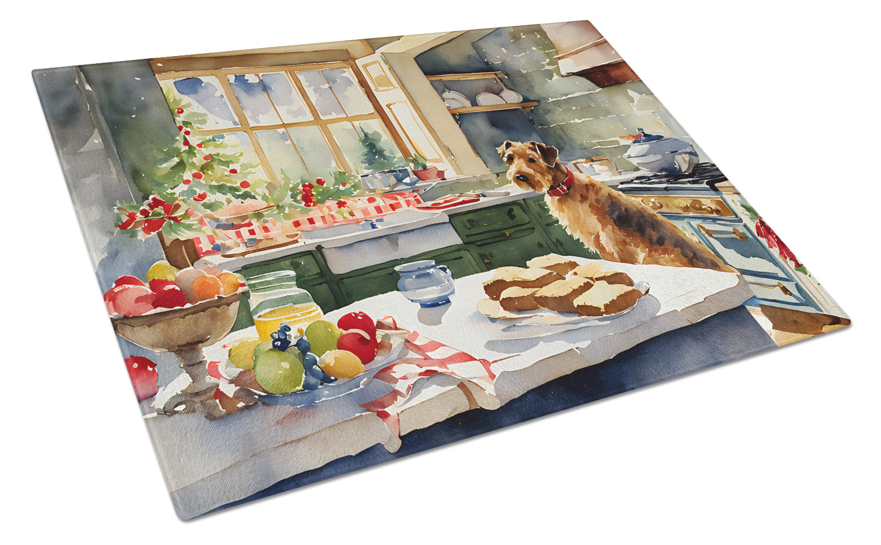 Airedale Terrier Christmas Cookies Cutting Board Tempered Glass Kitchen Cutting Surface, Heat Resistant Chopping, Non-Slip Feet, Food Prep & Serving