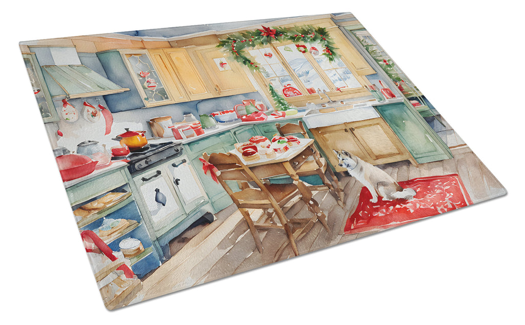 Alaskan Klee Kai Christmas Cookies Cutting Board Tempered Glass Kitchen Cutting Surface, Heat Resistant Chopping, Non-Slip Feet, Food Prep & Serving