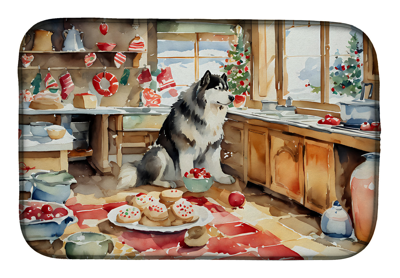 Alaskan Malamute Christmas Cookies Dish Drying Mat Absorbent Dish Drying Mat Pad for Kitchen Counter Dish Drainer Mat for Countertop, 14 x 21", Multicolor