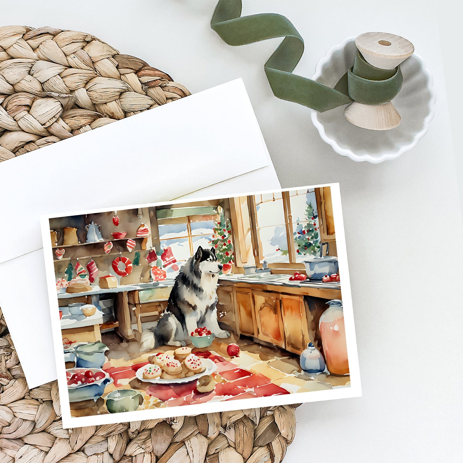 Alaskan Malamute Christmas Cookies Greeting Cards Pack of 8 Blank Cards with Envelopes Whimsical A7 Size 5x7