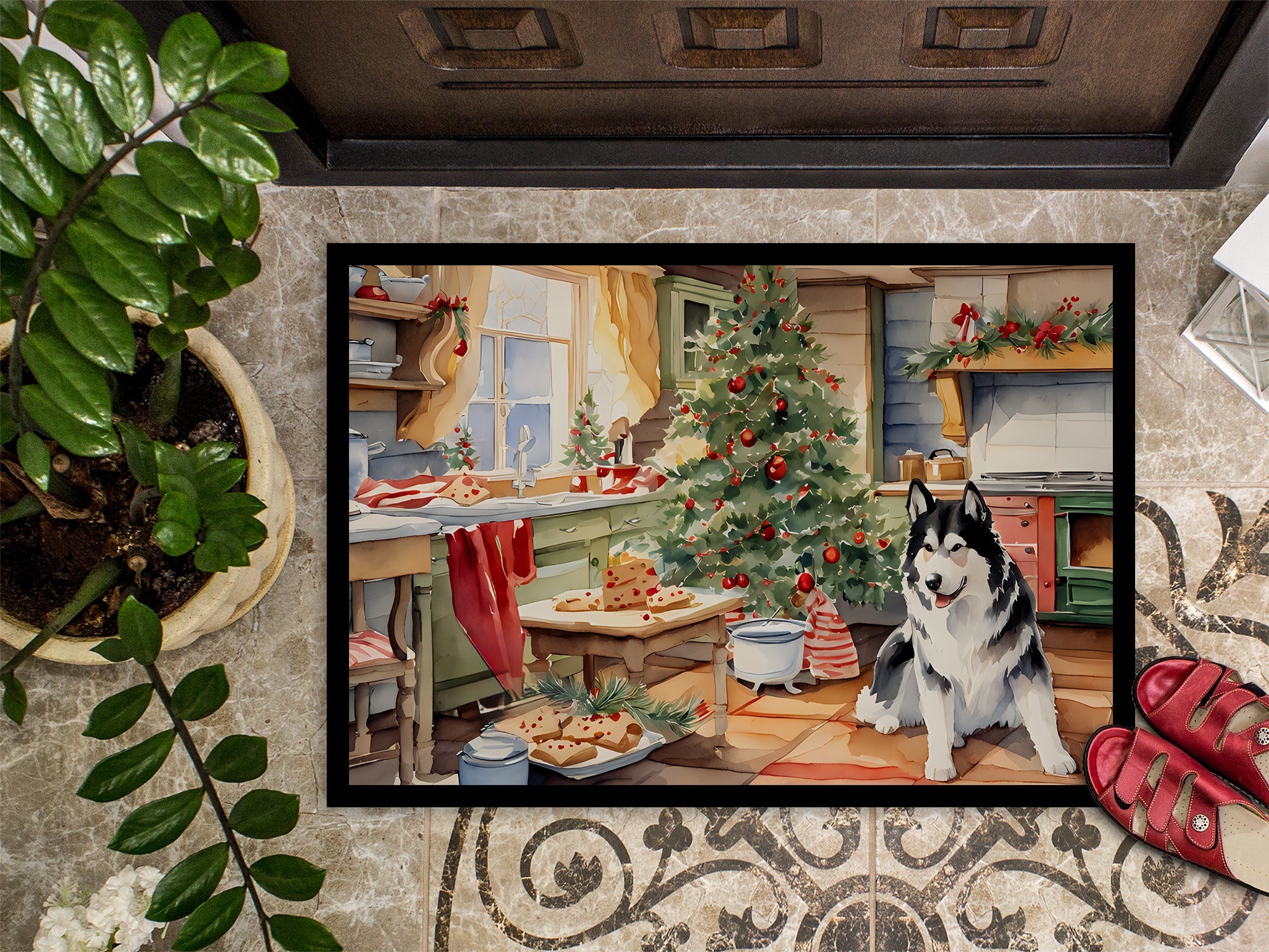 Alaskan Malamute Christmas Cookies Doormat Indoor Outdoor 18H X 27W Front Door Mat Rugs for Entryway, Non Slip Washable