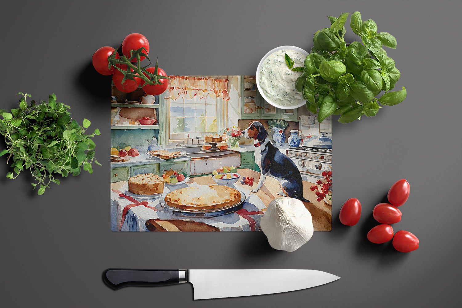 American English Coonhound Christmas Cookies Cutting Board Tempered Glass Kitchen Cutting Surface, Heat Resistant Chopping, Non-Slip Feet, Food Prep & Serving