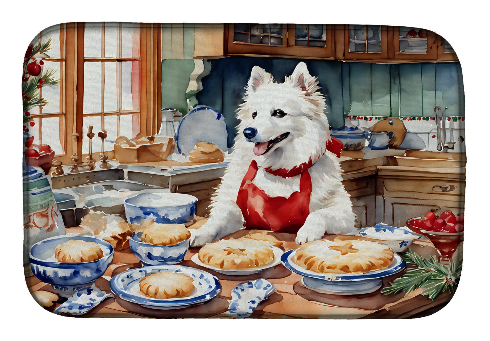 American Eskimo Christmas Cookies Dish Drying Mat Absorbent Dish Drying Mat Pad for Kitchen Counter Dish Drainer Mat for Countertop, 14 x 21", Multicolor