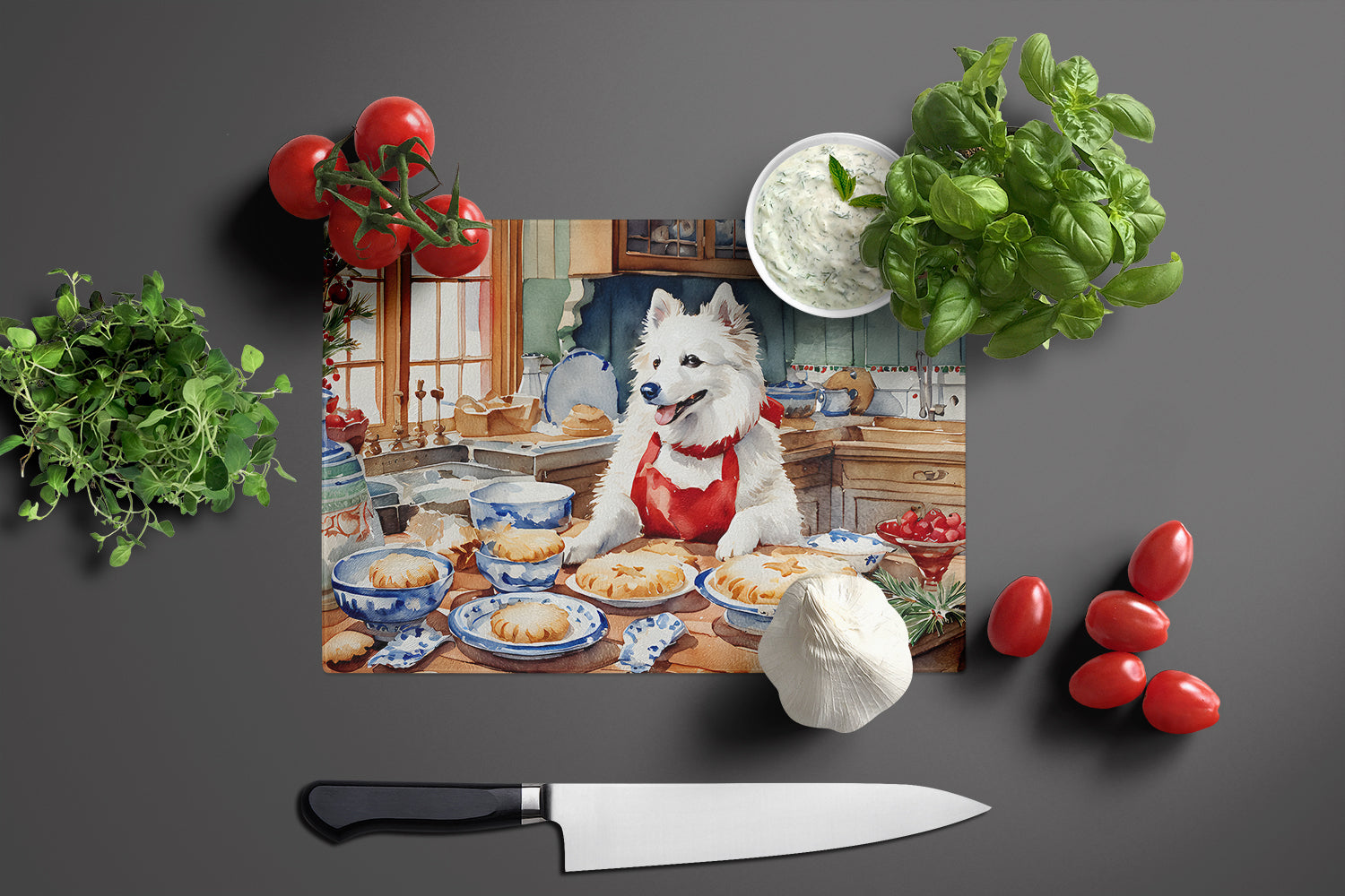 American Eskimo Christmas Cookies Cutting Board Tempered Glass Kitchen Cutting Surface, Heat Resistant Chopping, Non-Slip Feet, Food Prep & Serving