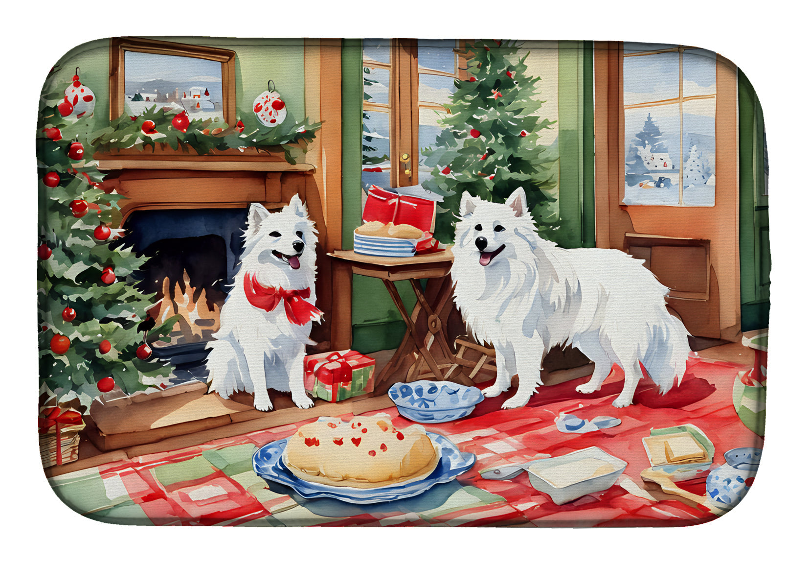 American Eskimo Christmas Cookies Dish Drying Mat Absorbent Dish Drying Mat Pad for Kitchen Counter Dish Drainer Mat for Countertop, 14 x 21", Multicolor