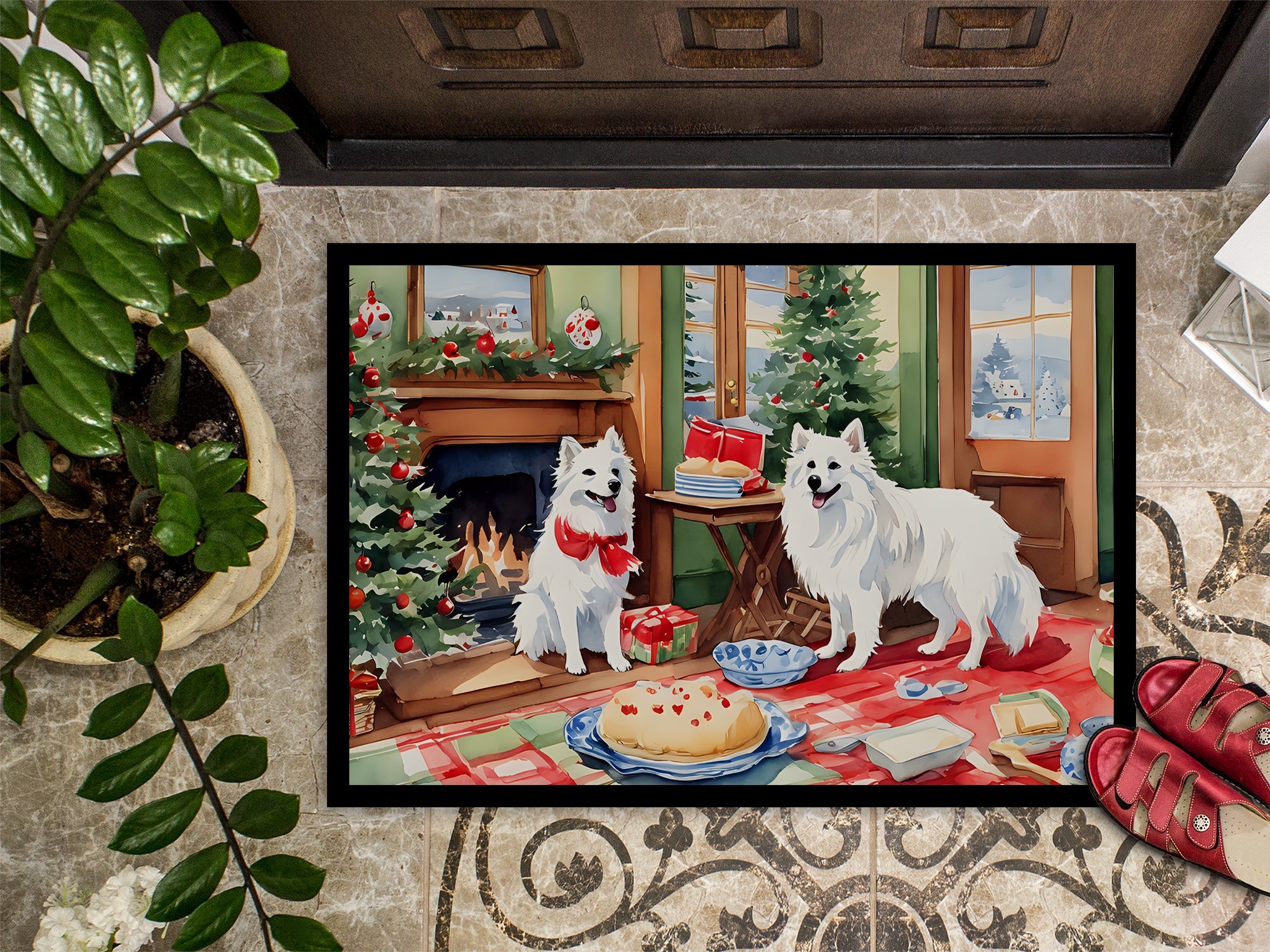 American Eskimo Christmas Cookies Doormat Indoor Outdoor 24H X 36W Front Door Mat Rugs for Entryway, Non Slip Washable Low Pile,