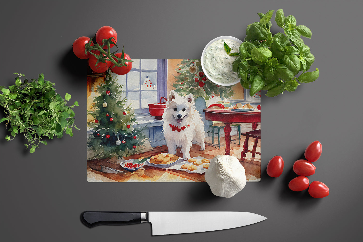 American Eskimo Christmas Cookies Cutting Board Tempered Glass Kitchen Cutting Surface, Heat Resistant Chopping, Non-Slip Feet, Food Prep & Serving
