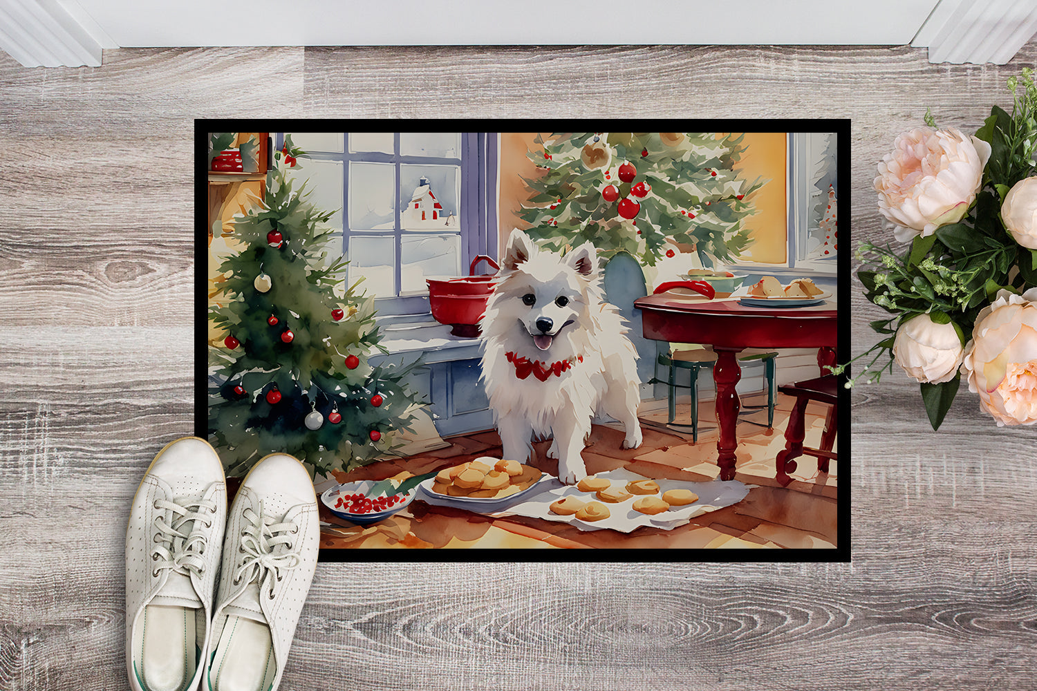American Eskimo Christmas Cookies Doormat Indoor Outdoor 18H X 27W Front Door Mat Rugs for Entryway, Non Slip Washable