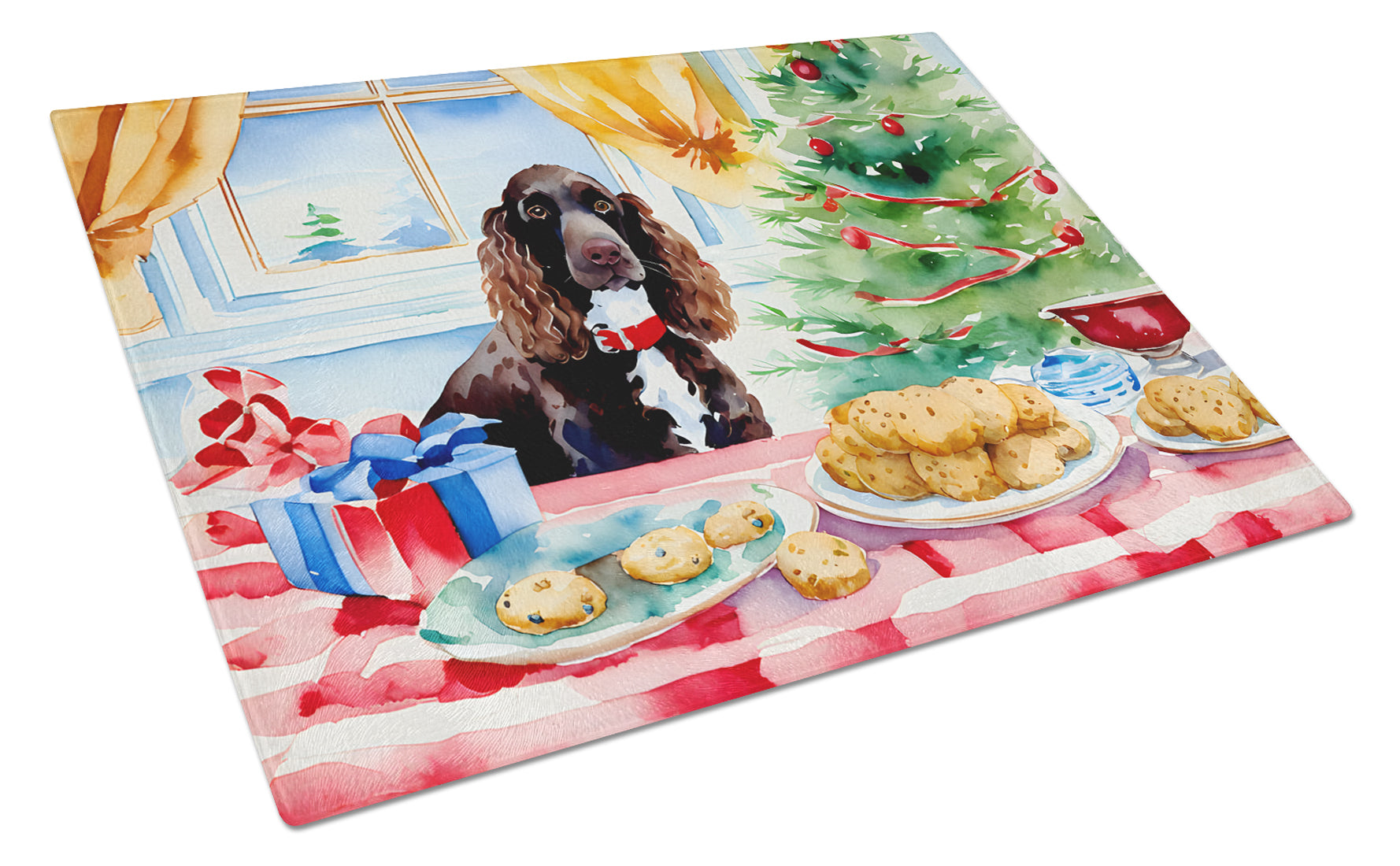 American Water Spaniel Christmas Cookies Cutting Board Tempered Glass Kitchen Cutting Surface, Heat Resistant Chopping, Non-Slip Feet, Food Prep & Serving
