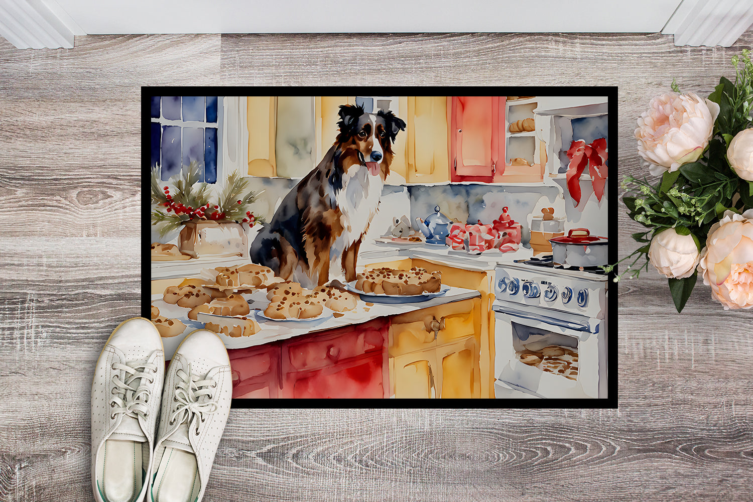 Australian Shepherd Christmas Cookies Doormat Indoor Outdoor 24H X 36W Front Door Mat Rugs for Entryway, Non Slip Washable Low Pile,