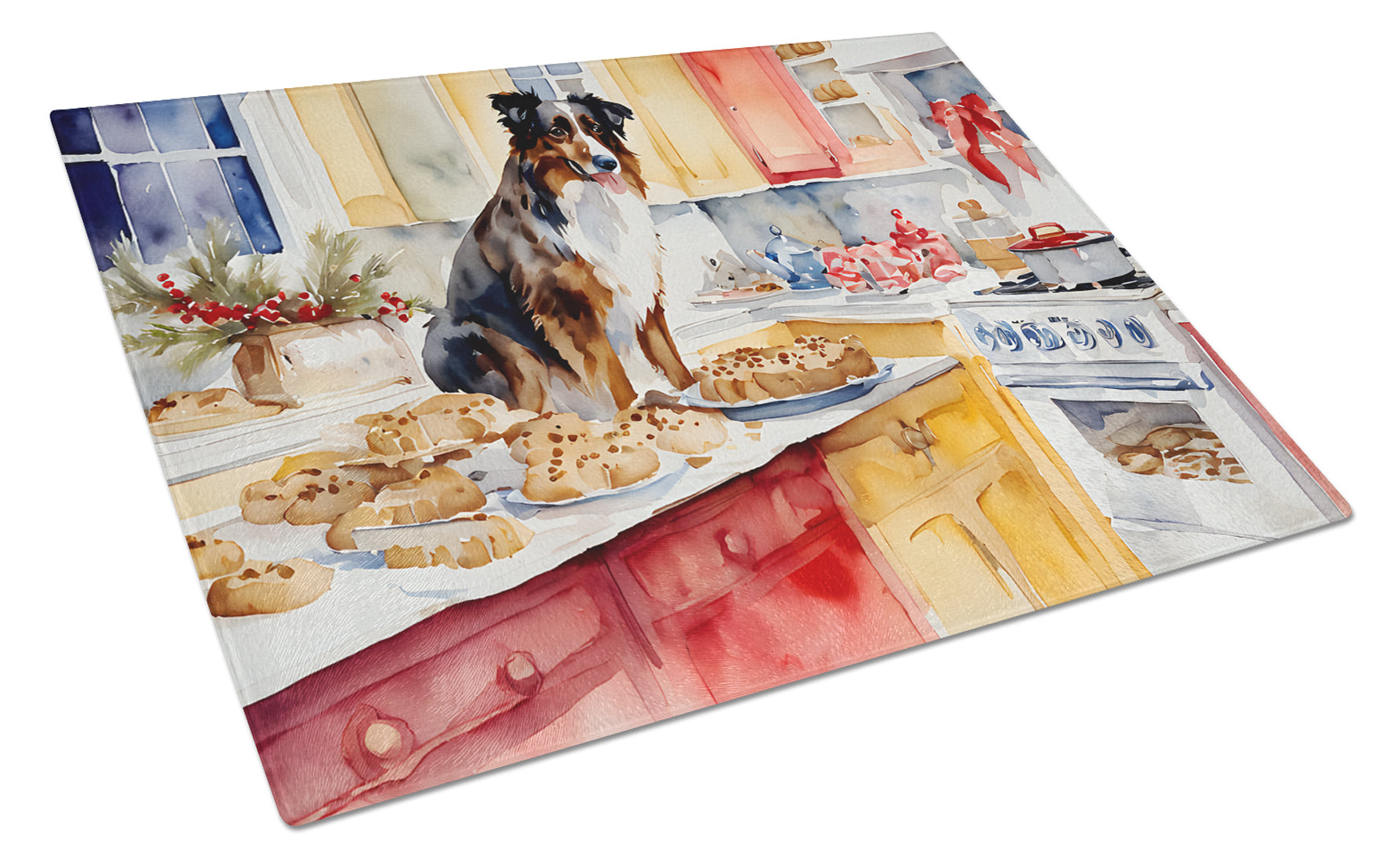 Australian Shepherd Christmas Cookies Cutting Board Tempered Glass Kitchen Cutting Surface, Heat Resistant Chopping, Non-Slip Feet, Food Prep & Serving