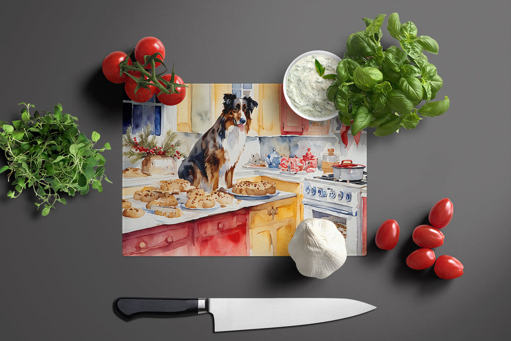 Australian Shepherd Christmas Cookies Cutting Board Tempered Glass Kitchen Cutting Surface, Heat Resistant Chopping, Non-Slip Feet, Food Prep & Serving