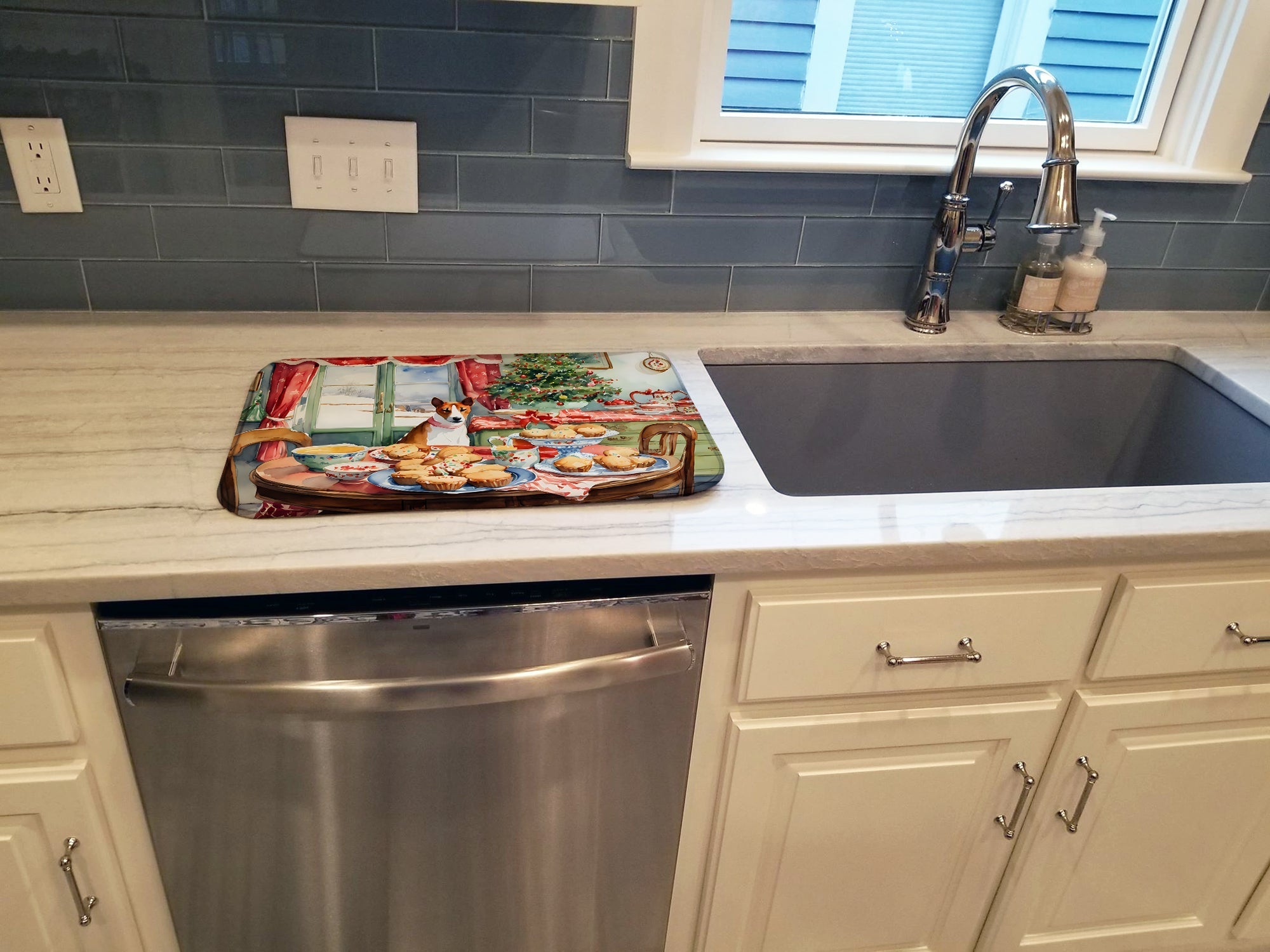 Basenji Christmas Cookies Dish Drying Mat Absorbent Dish Drying Mat Pad for Kitchen Counter Dish Drainer Mat for Countertop, 14 x 21", Multicolor