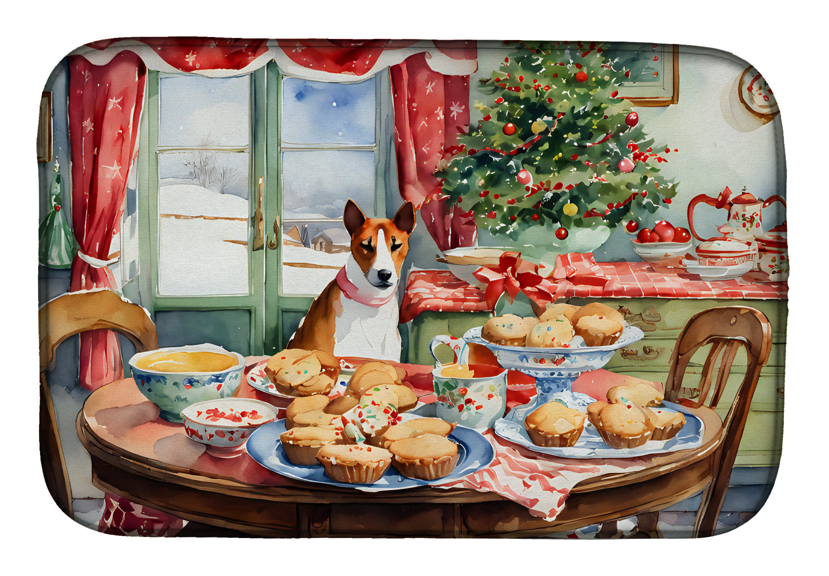 Basenji Christmas Cookies Dish Drying Mat Absorbent Dish Drying Mat Pad for Kitchen Counter Dish Drainer Mat for Countertop, 14 x 21", Multicolor