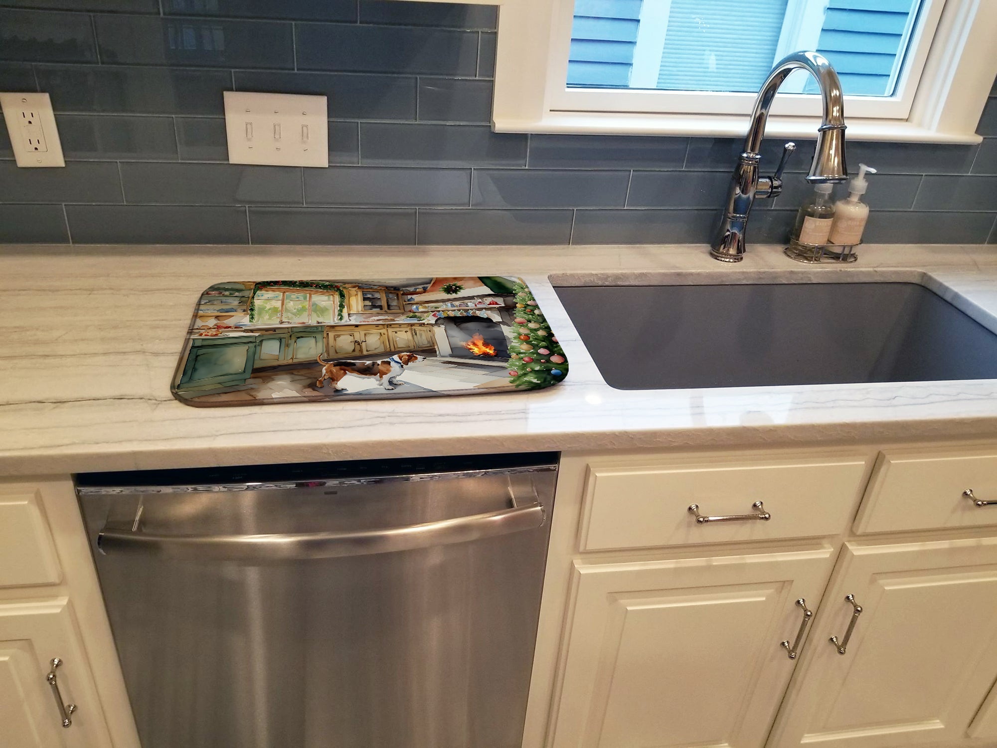 Basset Hound Christmas Cookies Dish Drying Mat Absorbent Dish Drying Mat Pad for Kitchen Counter Dish Drainer Mat for Countertop, 14 x 21", Multicolor