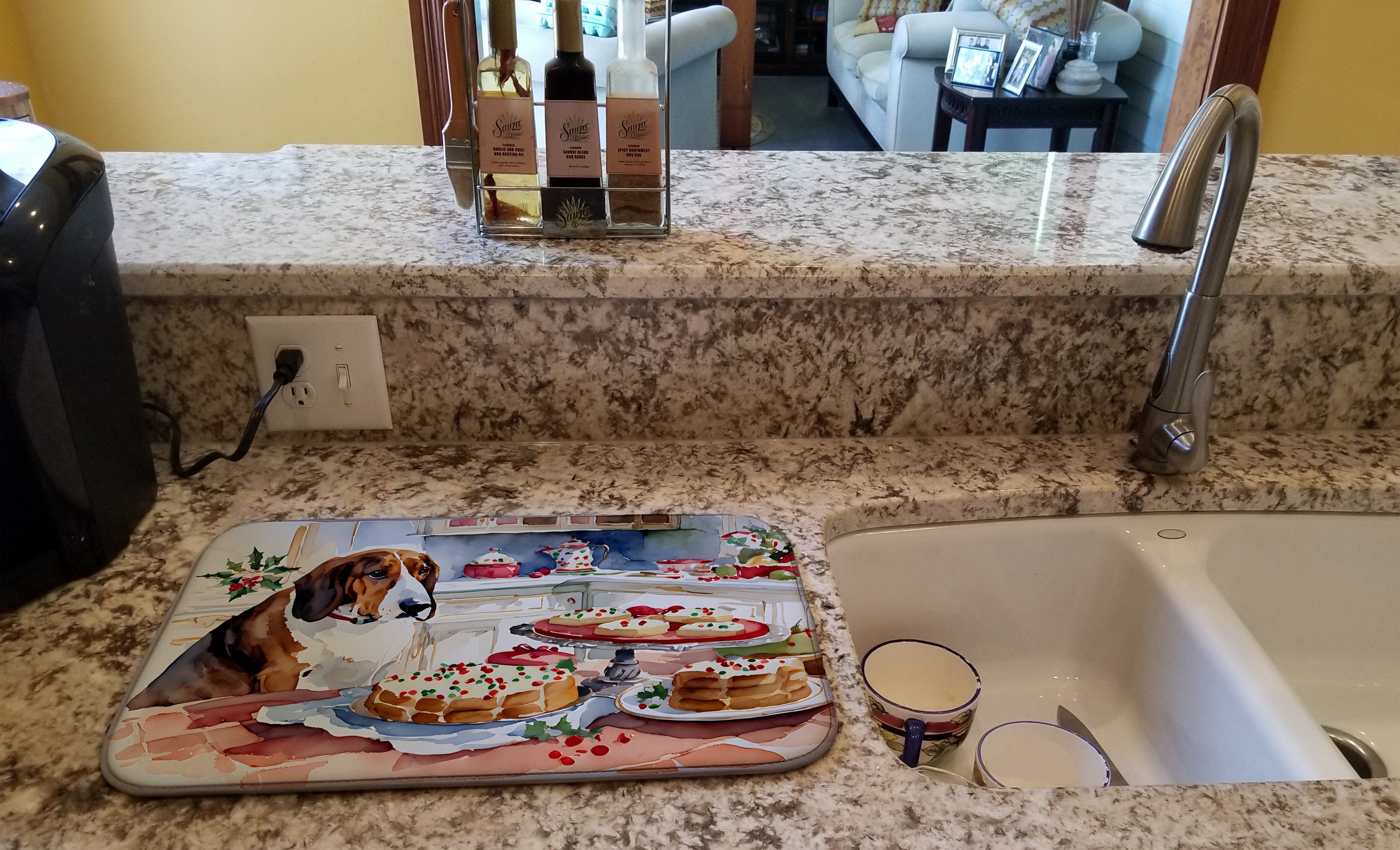 Basset Hound Christmas Cookies Dish Drying Mat Absorbent Dish Drying Mat Pad for Kitchen Counter Dish Drainer Mat for Countertop, 14 x 21", Multicolor