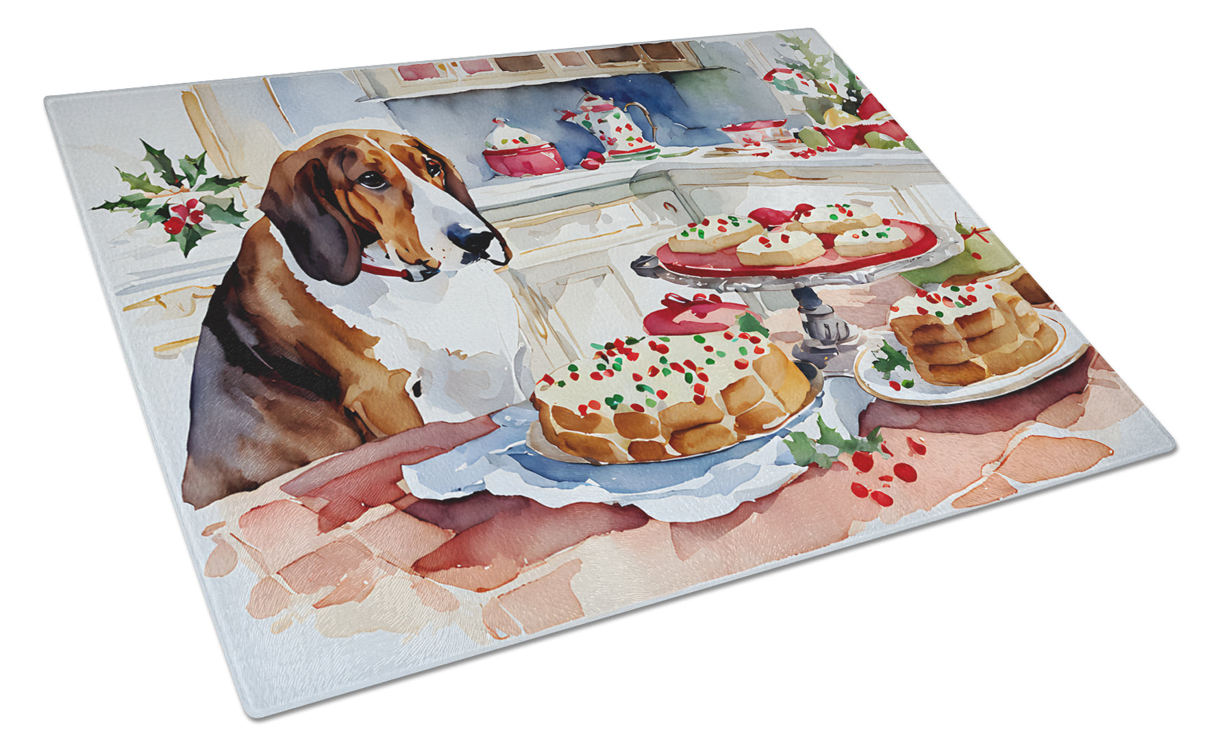 Basset Hound Christmas Cookies Cutting Board Tempered Glass Kitchen Cutting Surface, Heat Resistant Chopping, Non-Slip Feet, Food Prep & Serving