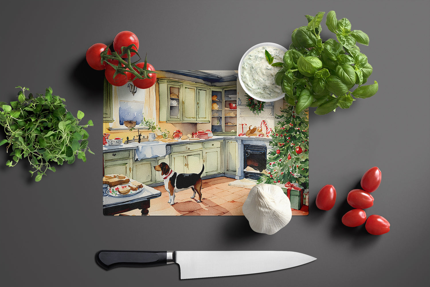 Basset Hound Christmas Cookies Cutting Board Tempered Glass Kitchen Cutting Surface, Heat Resistant Chopping, Non-Slip Feet, Food Prep & Serving