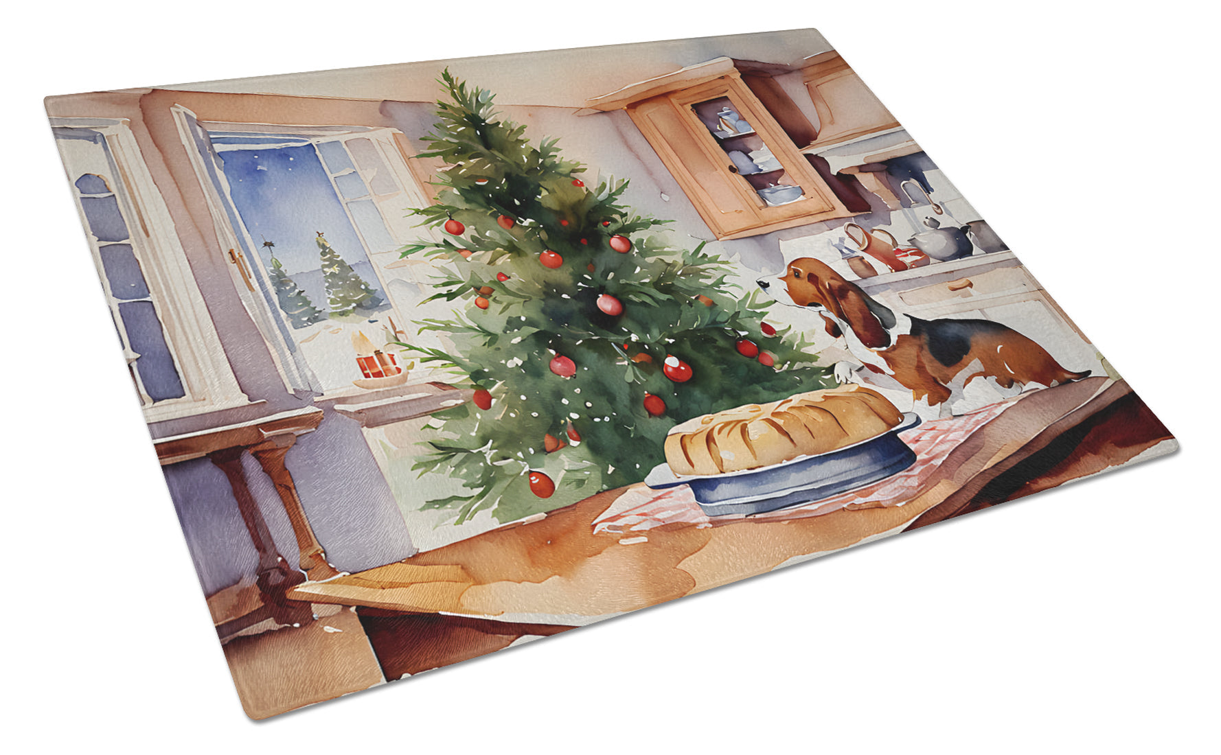 Basset Hound Christmas Cookies Cutting Board Tempered Glass Kitchen Cutting Surface, Heat Resistant Chopping, Non-Slip Feet, Food Prep & Serving