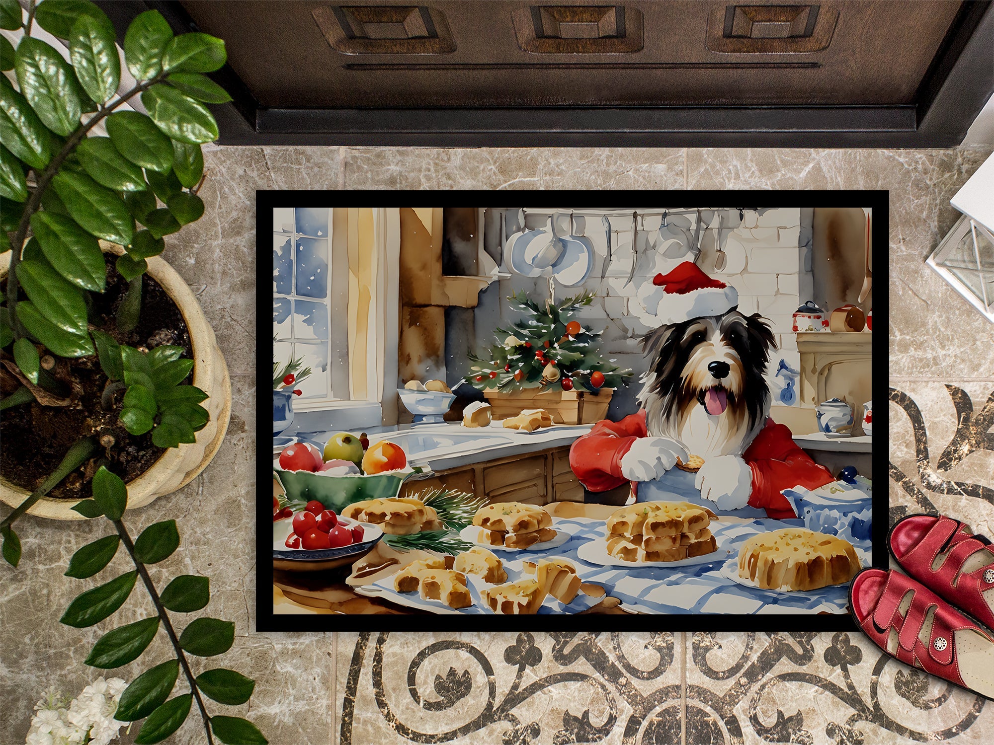 Bearded Collie Christmas Cookies Doormat Indoor Outdoor 18H X 27W Front Door Mat Rugs for Entryway, Non Slip Washable