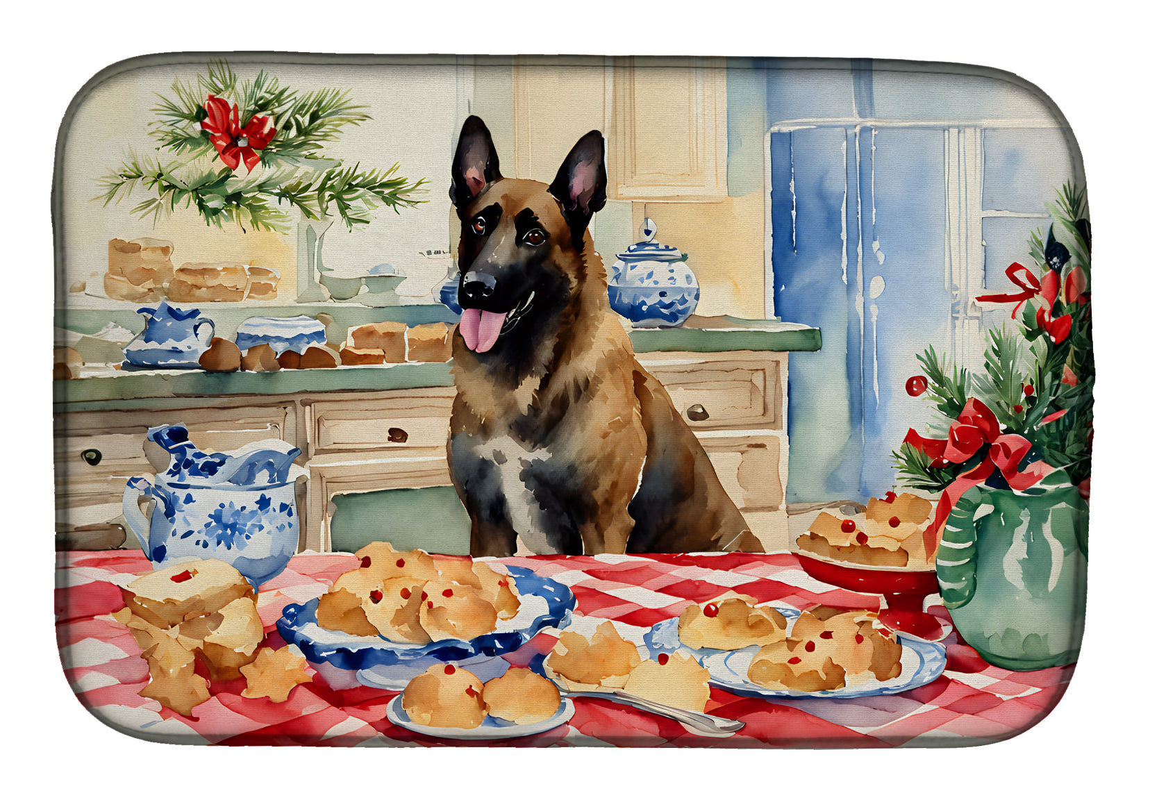Belgian Malinois Christmas Cookies Dish Drying Mat Absorbent Dish Drying Mat Pad for Kitchen Counter Dish Drainer Mat for Countertop, 14 x 21", Multicolor
